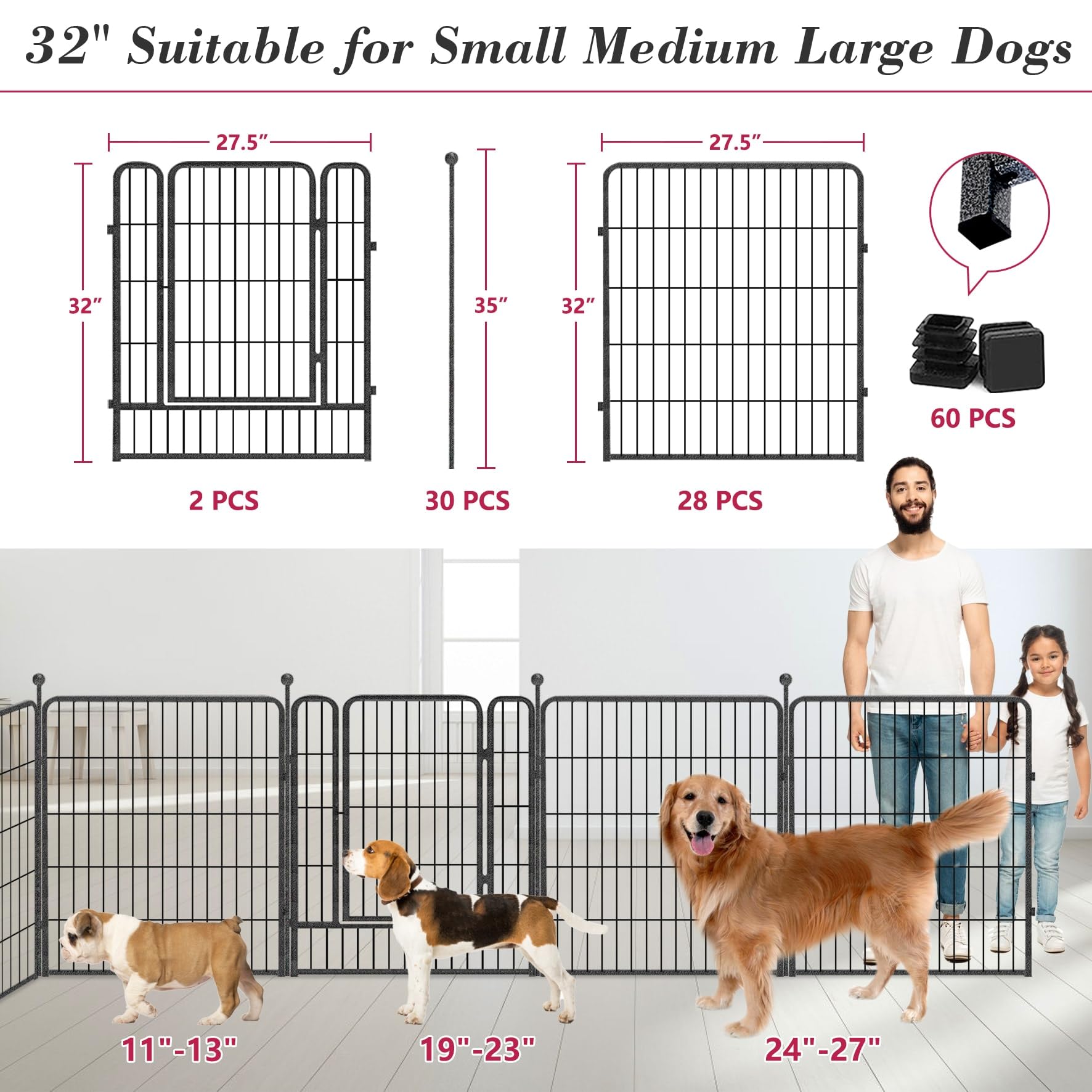 Jhsomdr Dog Playpen 32 Inch 30 Panels Indoor Outdoor Dog Pen For Medium/Small Dogs Heavy Duty Metal Dog Fence Outdoor For Yard,