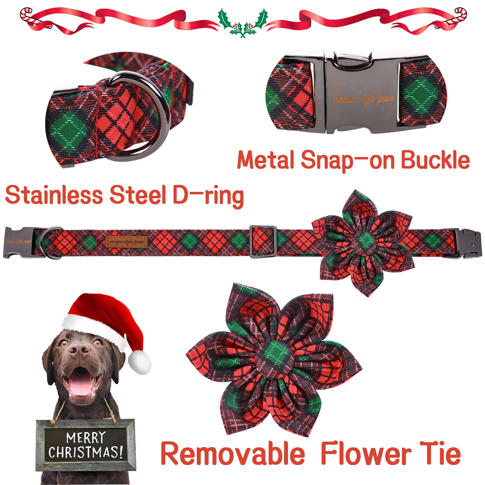 Unique Style Paws Christmas Dog Collar With Flower Tie Red Green Plaid Adjustable Cotton Puppy Collar For Small Medium Large Dogs-L