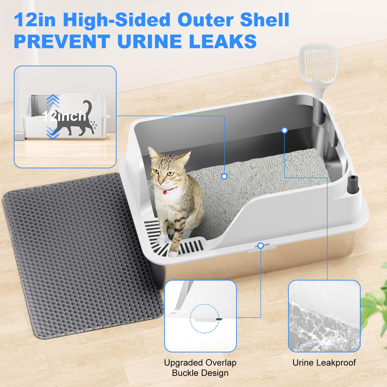 Stainless Steel Litter Box With Lid, Xl Extra Large Metal Litter Box For Big Cats, With High Sided, Anti Leakage,Odor-Free & Eas