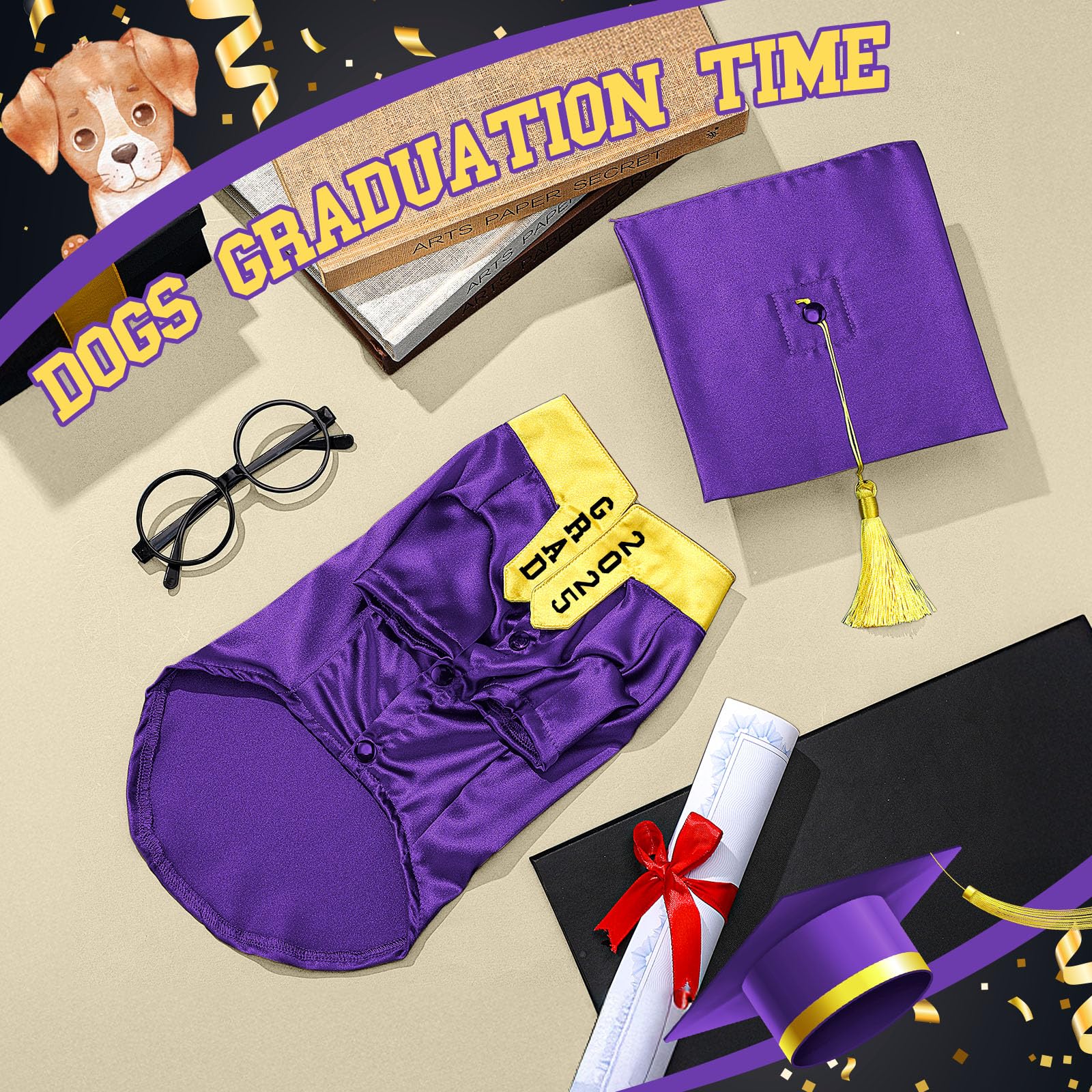 Huhumy 5 Pcs Dog Graduation Costume Set Include 2025 Pet Graduation Gown With Stole Puppy Grad Cap Lensless Glasses Diy Letter S