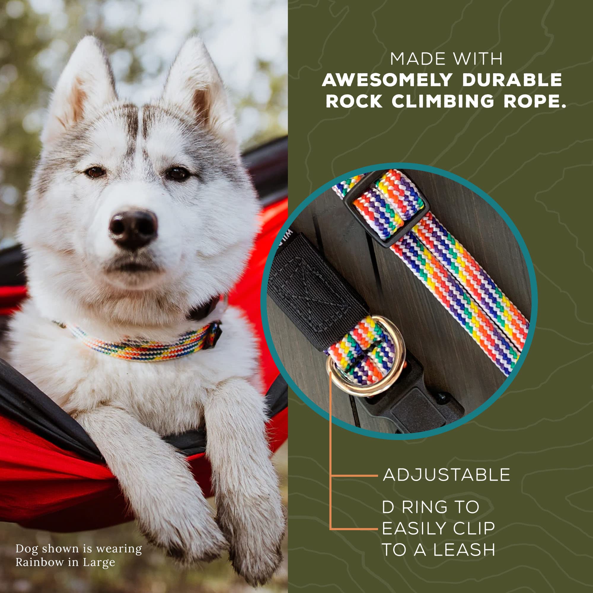 Wilderdog Climbing Rope Dog Collar - Outdoor Durable Climbing Rope Design With Heavy-Duty Secure Hardware For Safety - Adjustable To Fit 13'-18' Around With A 1' Band - Medium - Rainbow