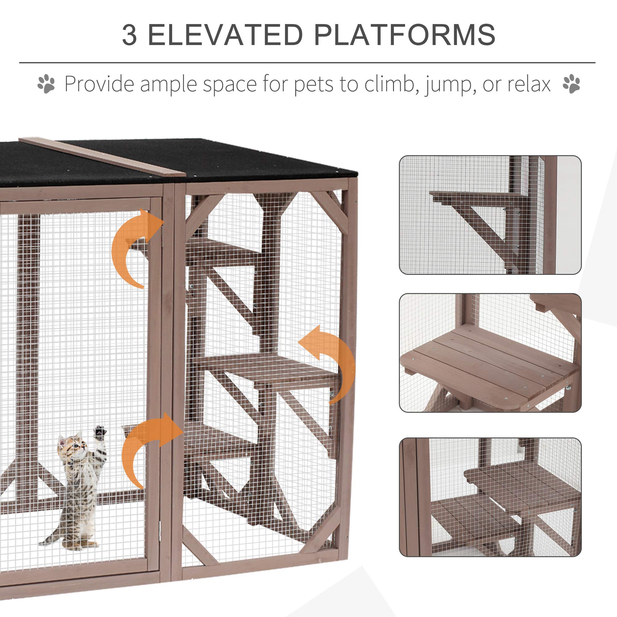 Pawhut Outdoor Cat House, Catio Wooden Feral Cat Shelter, Cat Cage With Platforms, Large Enter Door, Weather Protection Asphalt Roof, 71' L, Brown