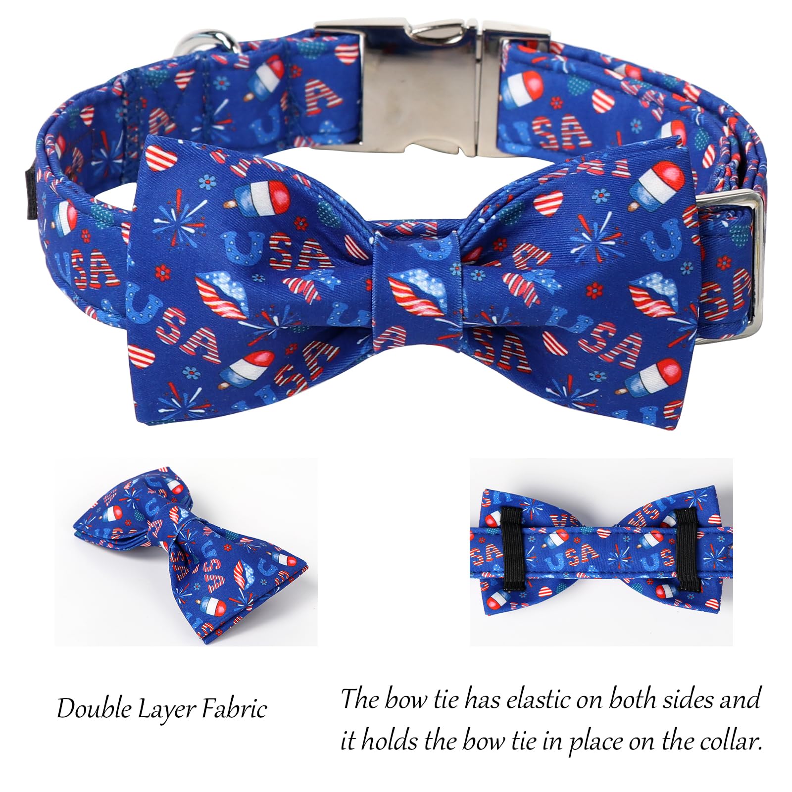 Lionet Paws 4Th Of July Dog Collar With Bowtie, Cute Summer Blue Dog Collar For Girl For Medium Dogs, Adjustable Popsicle Pet Co