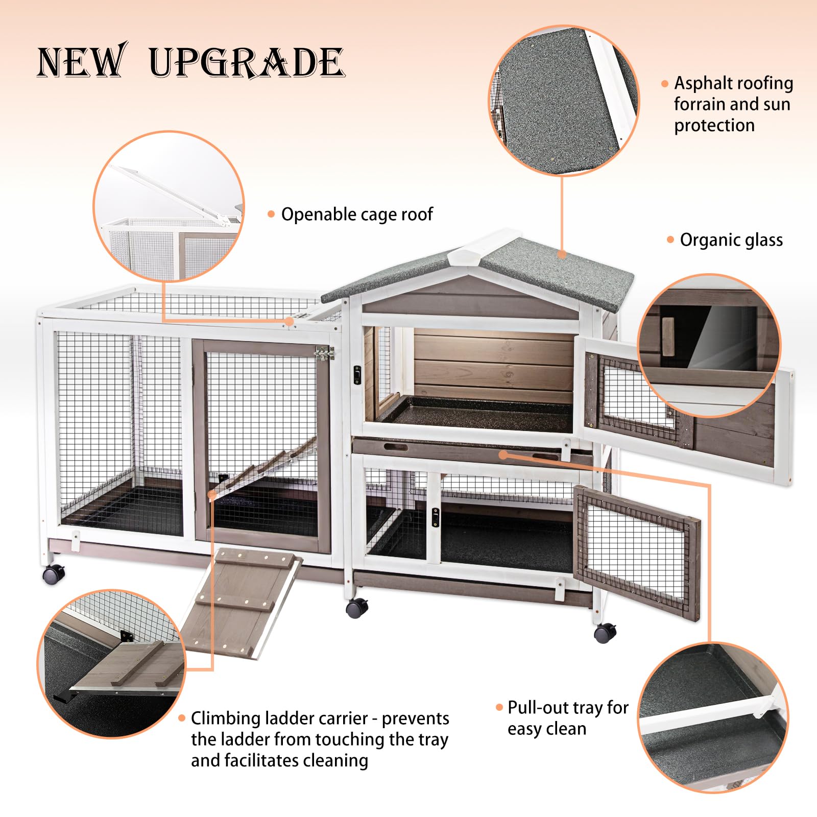 Petscosset 57'' L Rabbit Hutch Indoor Outdoor 2 Story Large Bunny Hutch With Run Guinea Pig Cage Wooden Rabbit Cage With Removab
