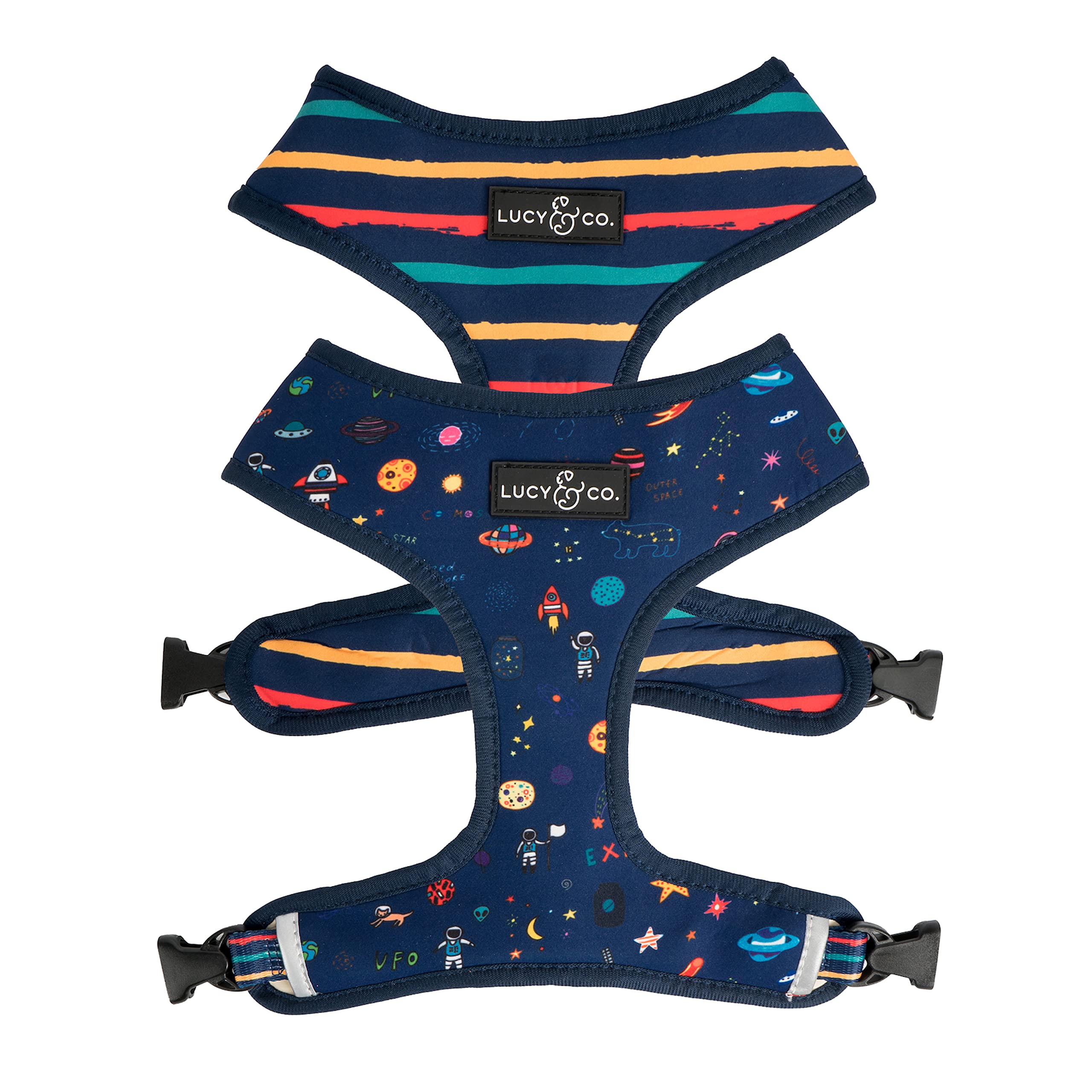 Cute Reversible Dog Harness Walking Halter - Best Designer Pet Harnesses For Medium Dogs - Padded Adjustable Vest For Easy Walking (X-Small, Space Doodle)