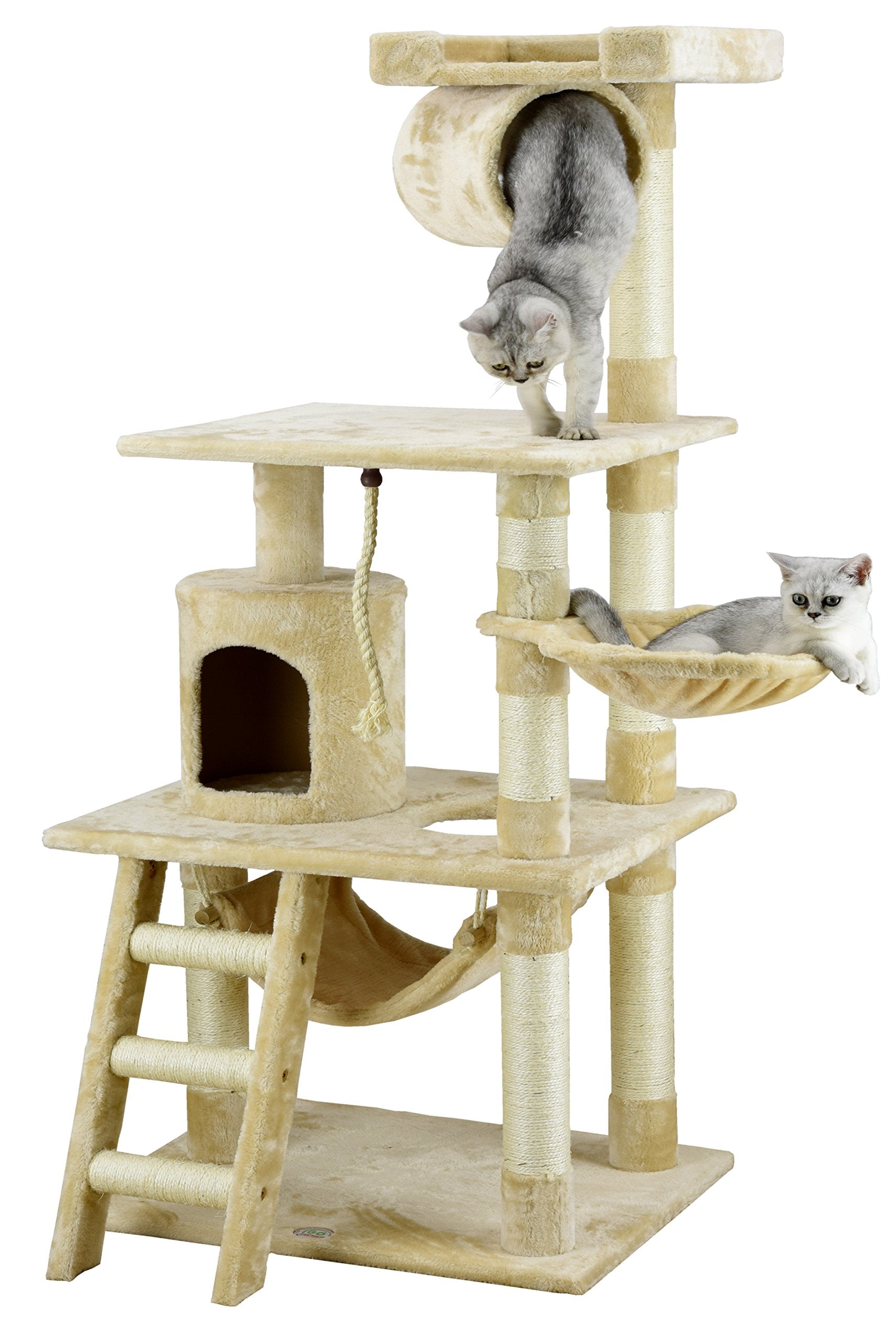 Go Pet Club Classic Cat Tree, Faux Fur Finish, Sisal Rope Scratcher, 62H, Beige