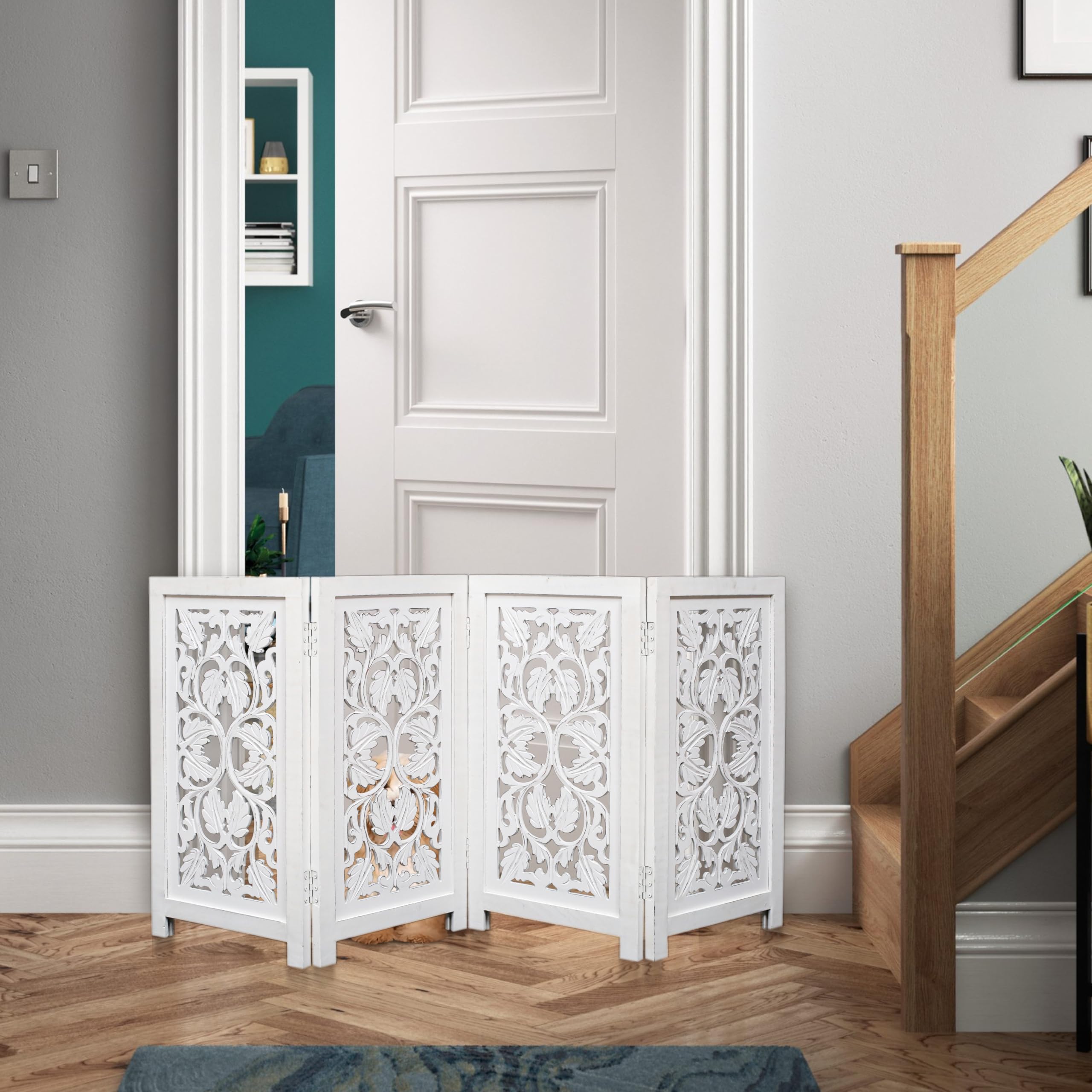 Pet Dog Safety Gate - 4 Panels 56 Wx28 H Leaf Wooden Foldable - Hand Carved Solid Wood And Mdf - Free Standing Portable Indoor