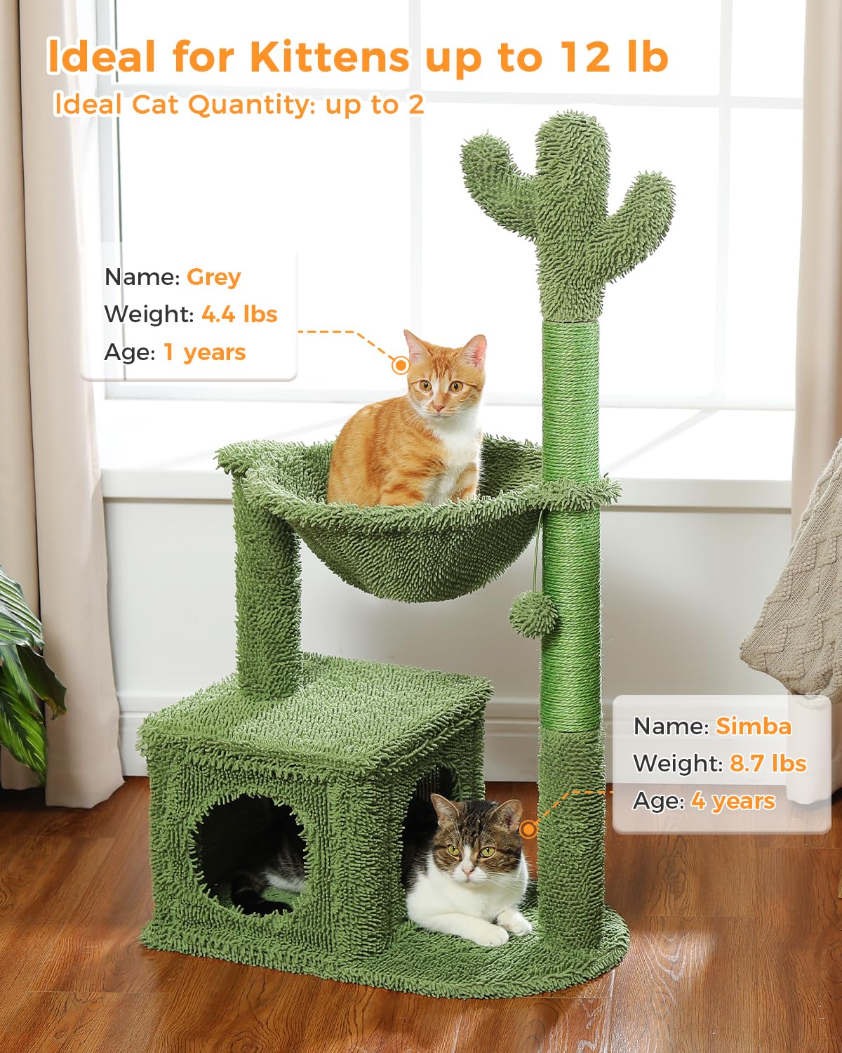 Muttros Cactus Cat Tree 40' Cat Tower With Large Metal Carpet Hammock, Cat Scratching Post For Indoor Cats With Condo& Dangling Ball, Green
