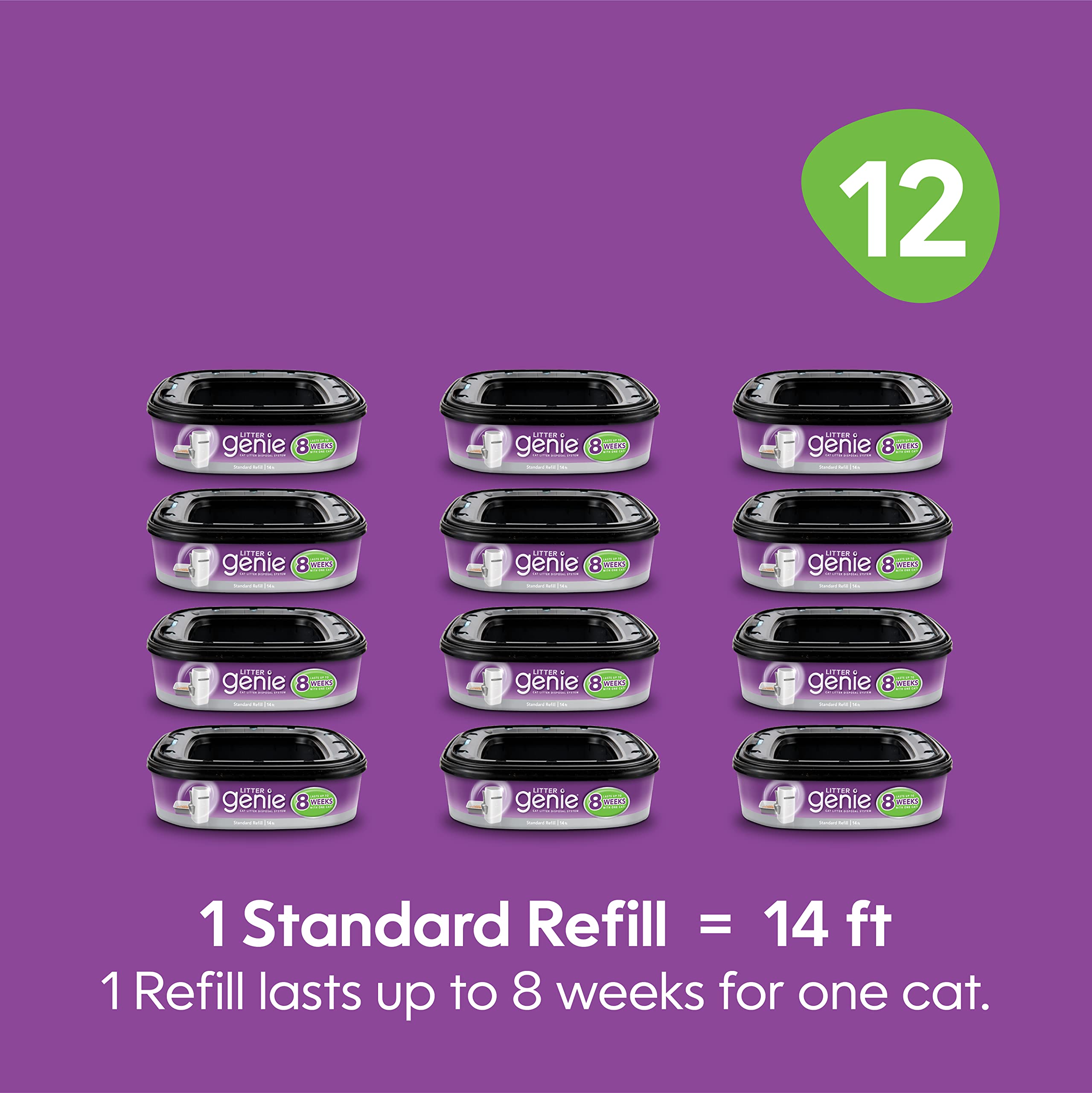 Litter Genie Refill Bags (12-Pack) | Multi-Layers Of Odor-Barrier Technology | 1 Square Refill Cartridge Lasts Up To 2 Months Per Cat