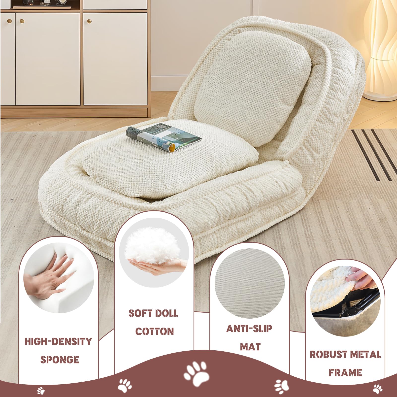 Upholstered Human Dog Bed For Adult & Pets, Convertible Lazy Sofa Bed With 5 Adjustable Position, Comfy Tatami Bean Bag Lounge C