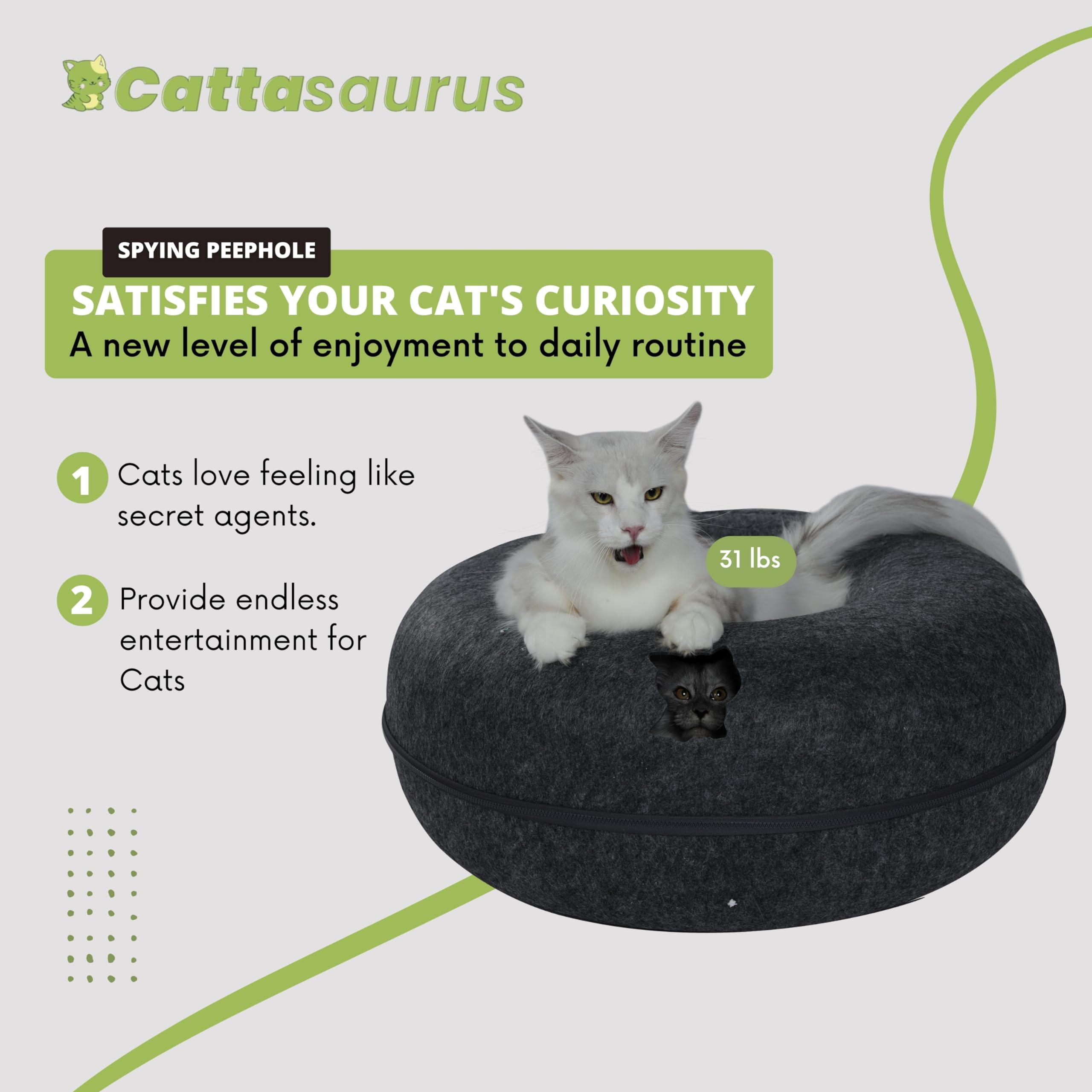 Cattasaurus Peekaboo Cat Cave For Multiple & Large Cats Up To 30-45 Lbs, Scratch Detachable & Washable Tunnel Bed, Comfy Donut Cat Cave (Dark Gray, Jumbo)