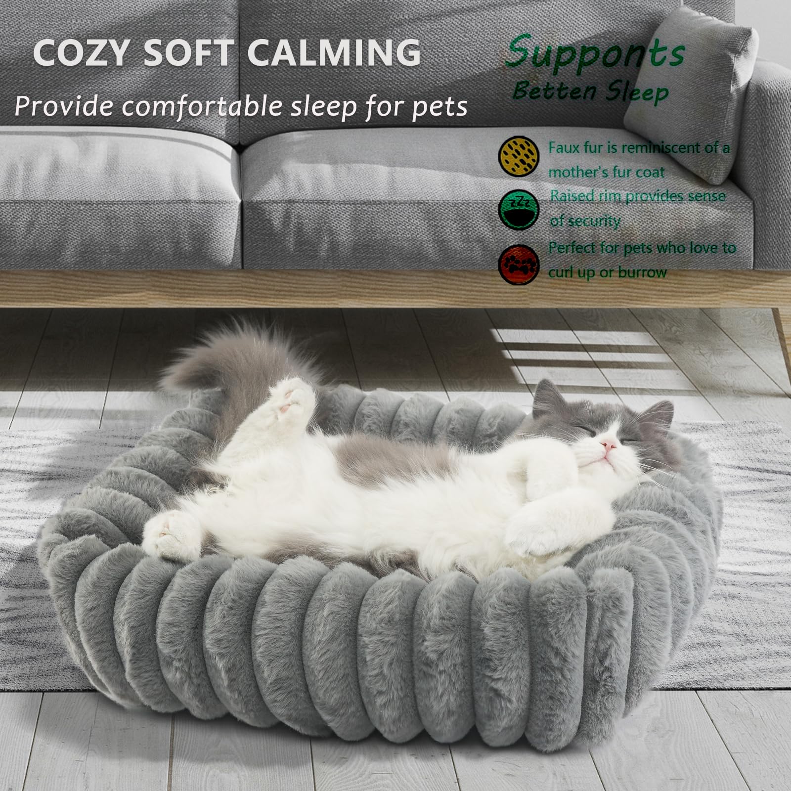 Zihapgpzp Small Cat Beds For Indoor Cats Washable Furry Kitten Beds With Sides,Rectangle Orthopedic Soft Calming Comfy Sleeping