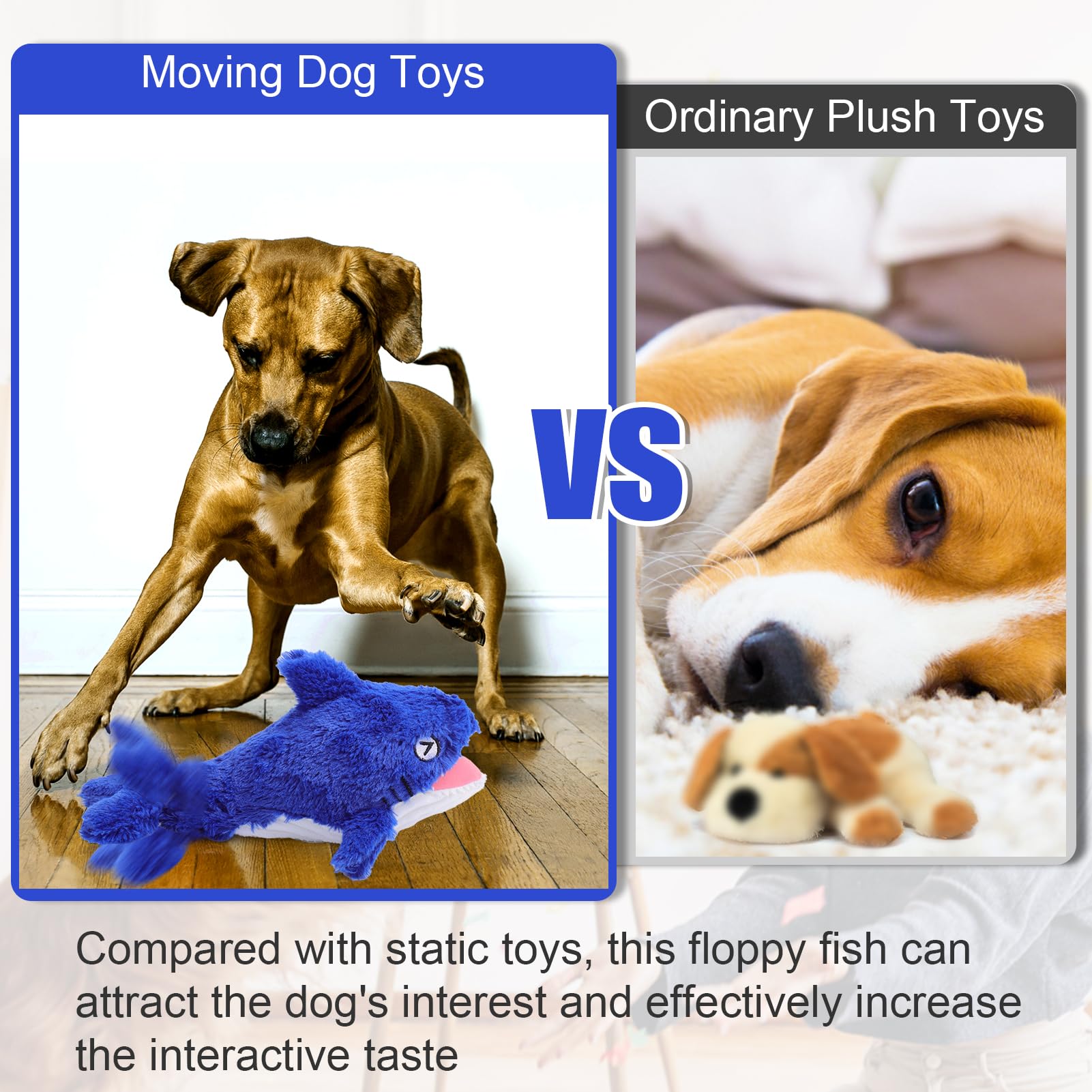 Mity rain Shark Dog Toy - 2 in 1 Interactive Plush Squeaky Toy, Rechargeable Wiggly Fish for Small to Large Dogs, Blue
