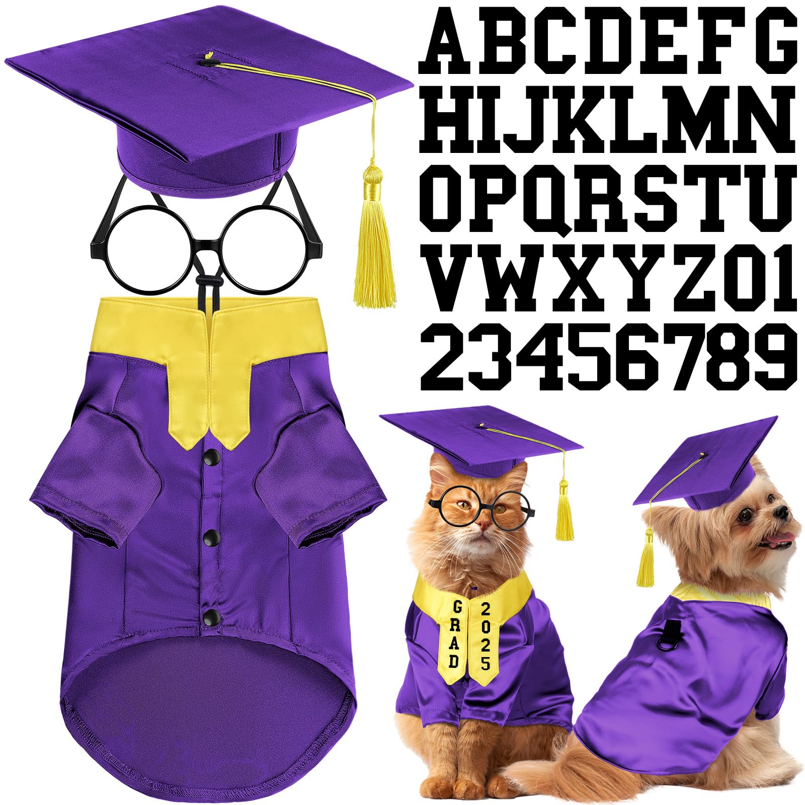 Huhumy 5 Pcs Dog Graduation Costume Set Include 2025 Pet Graduation Gown With Stole Puppy Grad Cap Lensless Glasses Diy Letter S