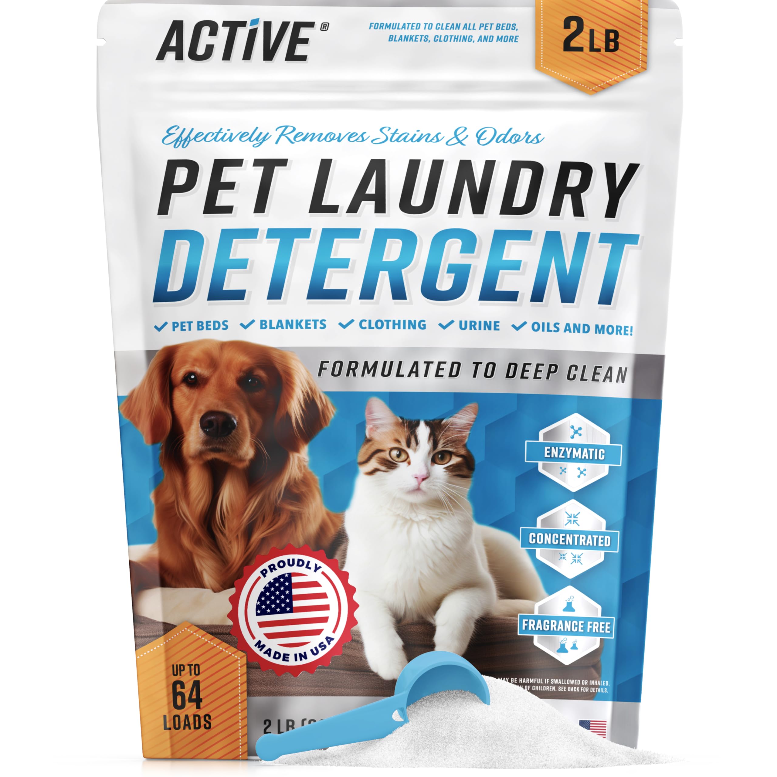 Pet Laundry Detergent Odor Remover - Active Enzyme Based Powder Detergent For Dogs Beds, Cat Pee, He Washer Friendly Natural Enzymatic Deodorizer, Urine, Smell, Dog Drool, Stain Eliminator - 64 Loads