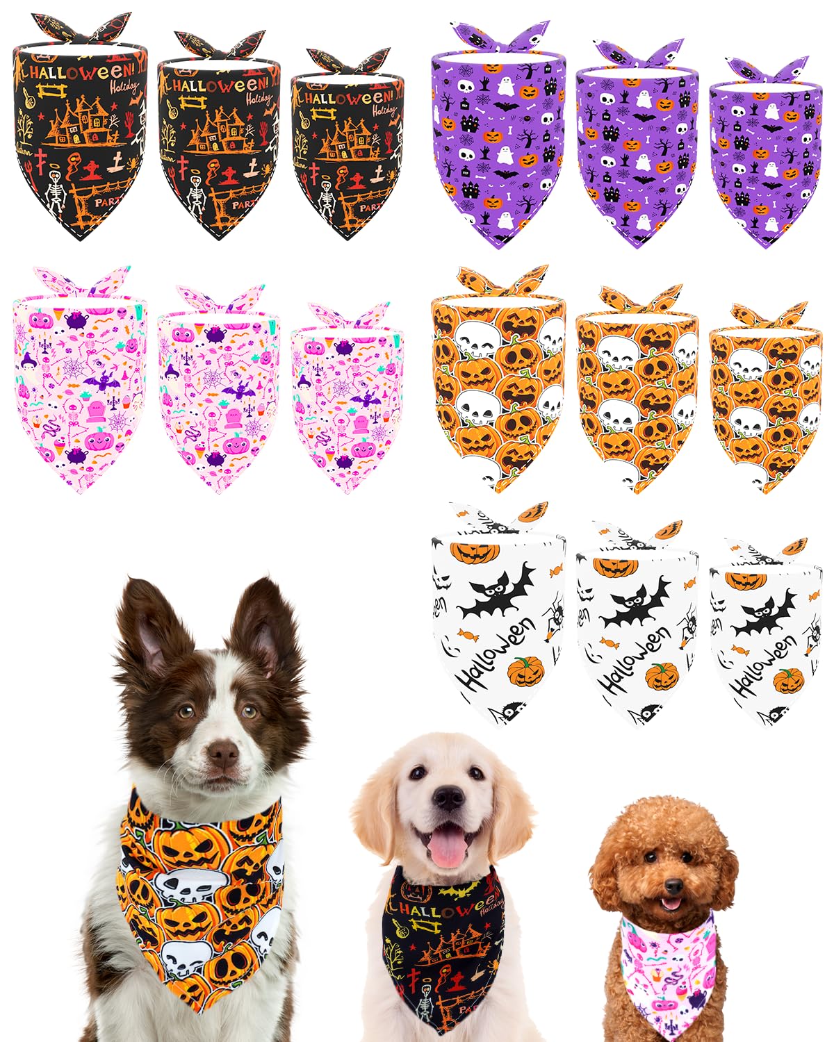 Pet Show 15 Pack Halloween Dog Bandanas Bulk Large Medium Small 3 Mixed Sizes Pumpkin Dogs Head Scarves Puppy Triangle Bib Suit 