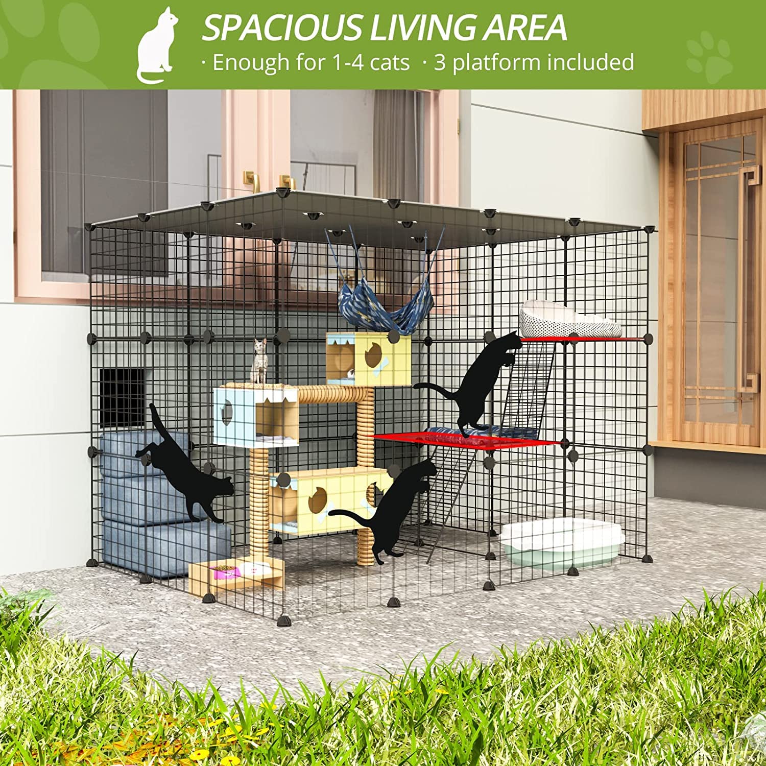 Eiiel Outdoorcat Cages Enclosure With Super Large Enter Door, 55.1Lx41.3Wx41.3H Cat House Balcony Playpen Platforms,Diy Kennels Crate Exercise Place Ideal For 1-4 Cats, Black, (El-387R)