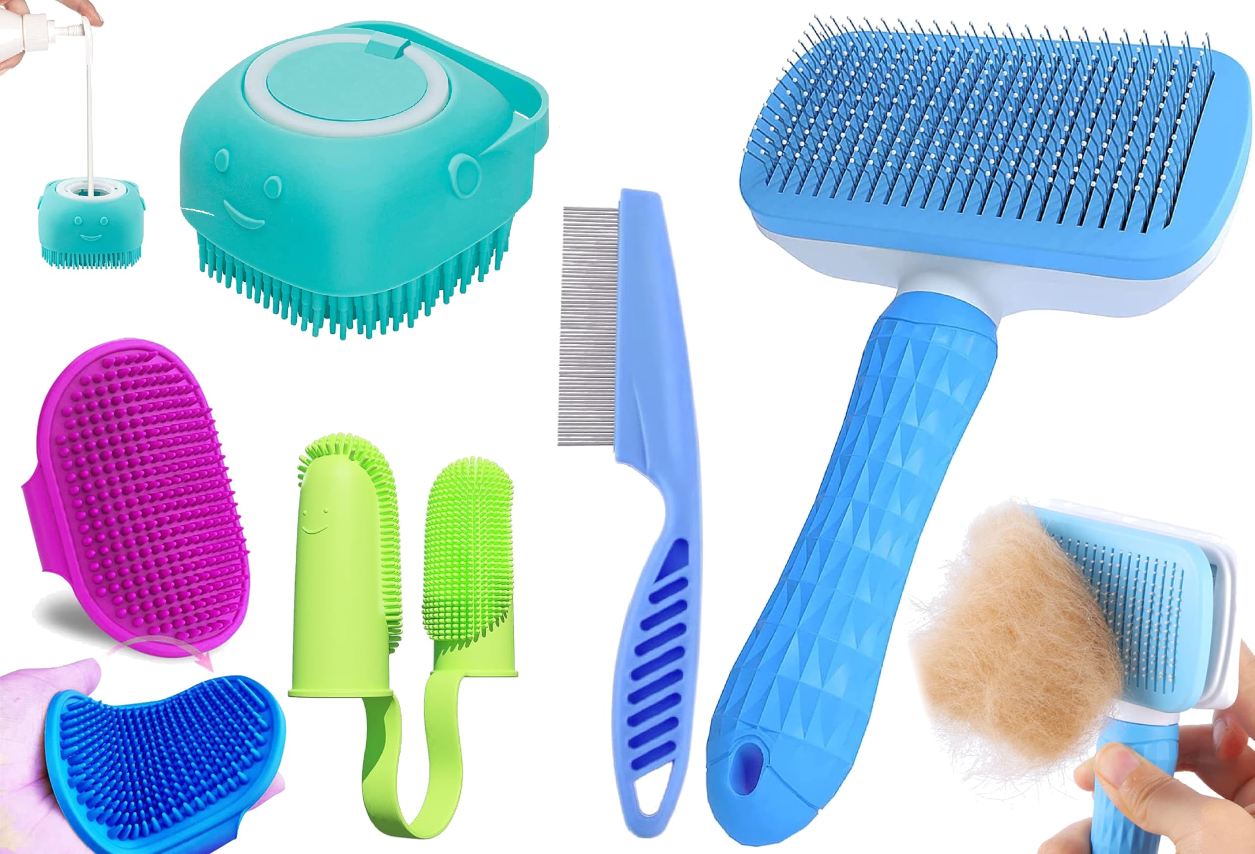 5 Pcs Self Cleaning Slicker Shedding Brush Pet Bath Massage Brush With Soap & Shampoo Dispenser Soft Silicone Bristle Finger Too