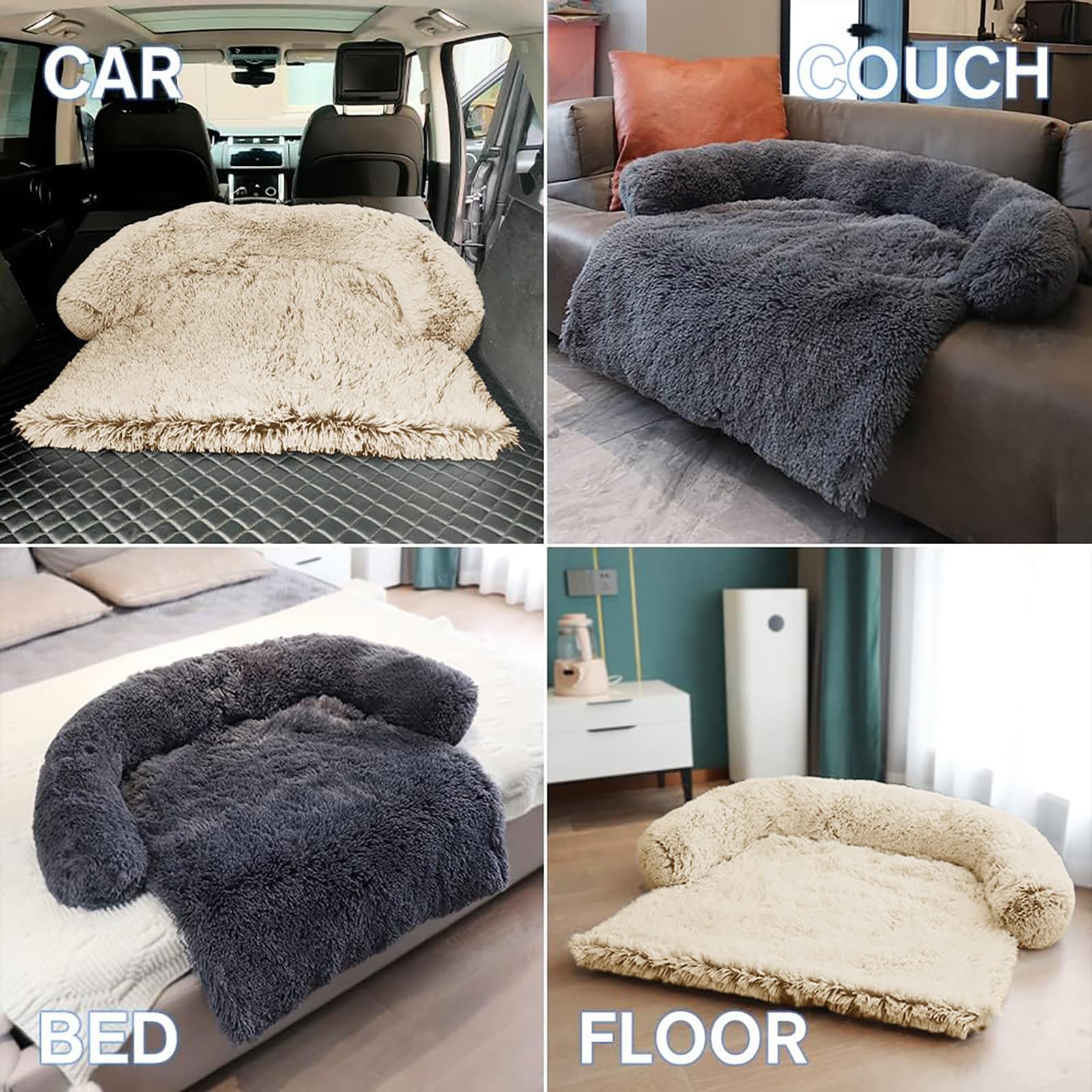 Calming Dog Bed Fluffy Plush Dog Mat For Furniture Protector With Removable Washable Cover For Large Medium Small Dogs And Cats (Large, Beige)
