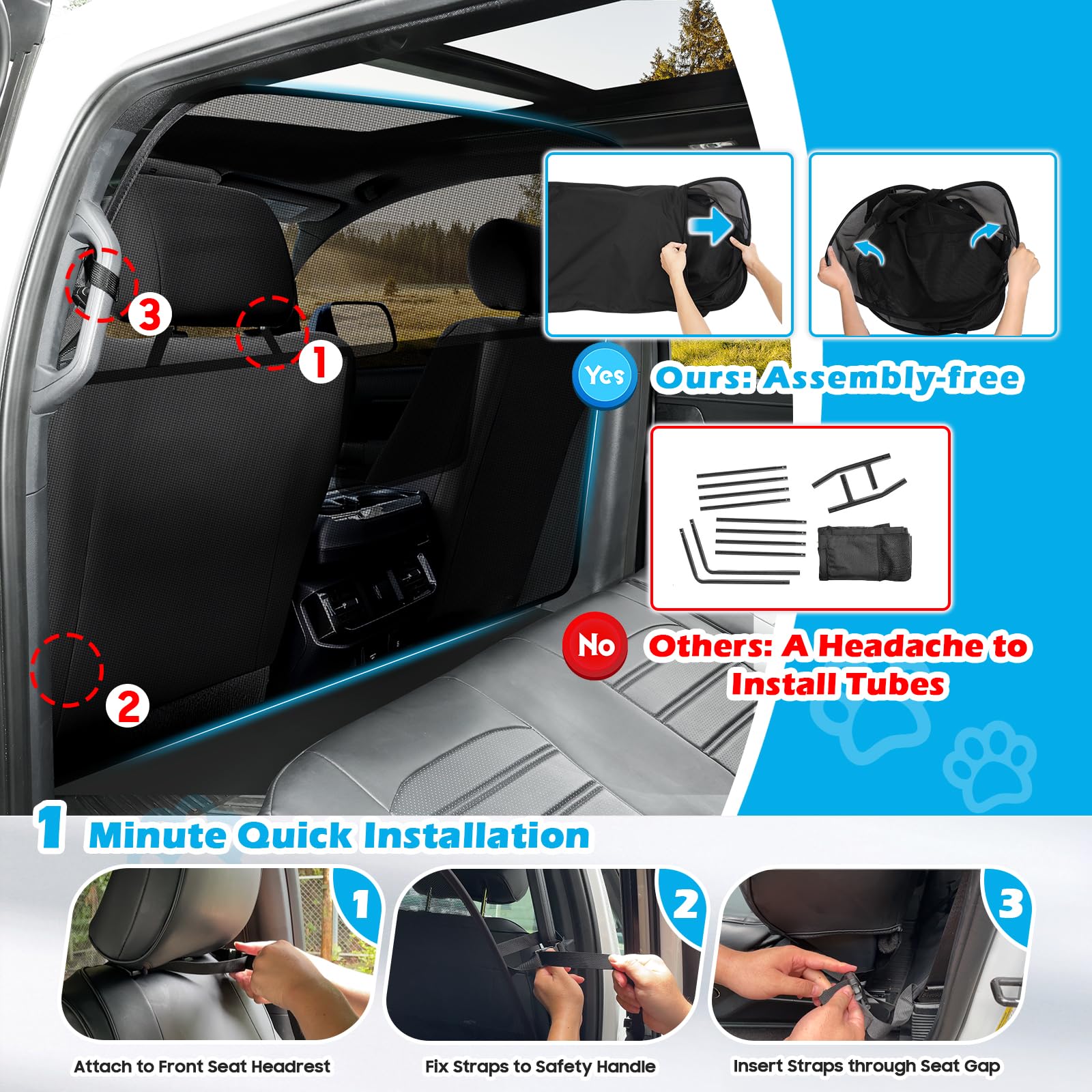 Automiim Dog Car Barrier - 61.4" Wide One-Piece Design, Large Back Seat Divider for SUV and Pickup