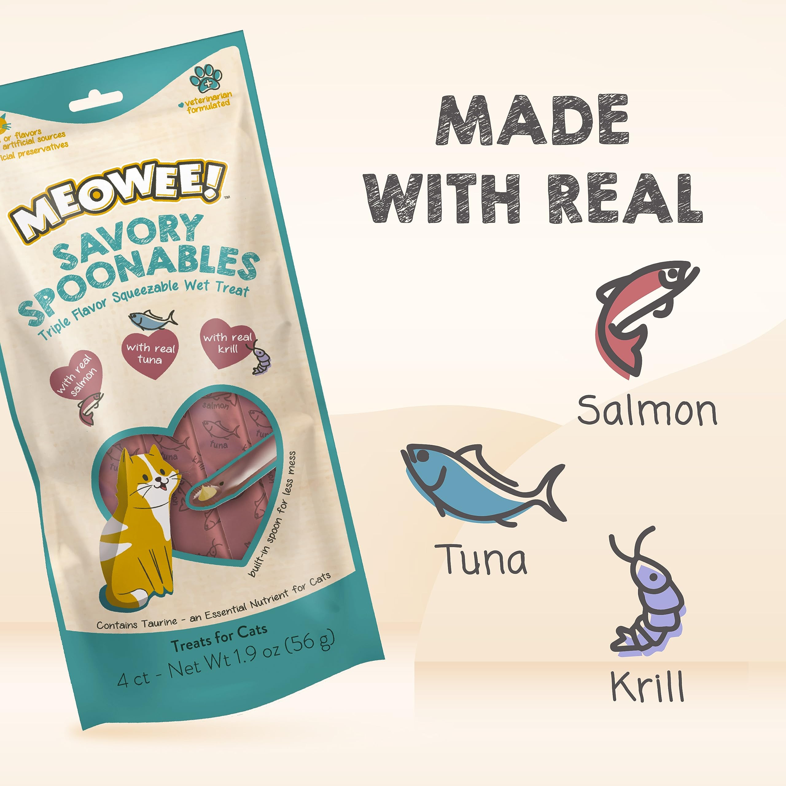 MEOWEE! Savory Spoonables with Real Salmon, Tuna and Krill for Cats, 4 Count, Treat Your Cat to Triple Flavor Squeezable Lickabl