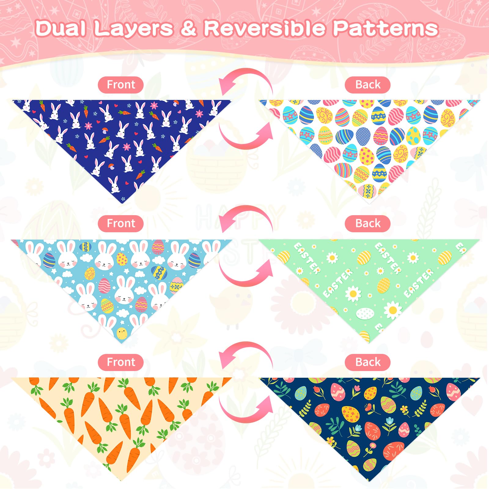 Fhtonge Easter Dog Bandanas Double Layer, 3 Pack Reversible 6 Pattern Dogs Holiday Bandanna With Easter Egg Bunny Pattern, Dog F