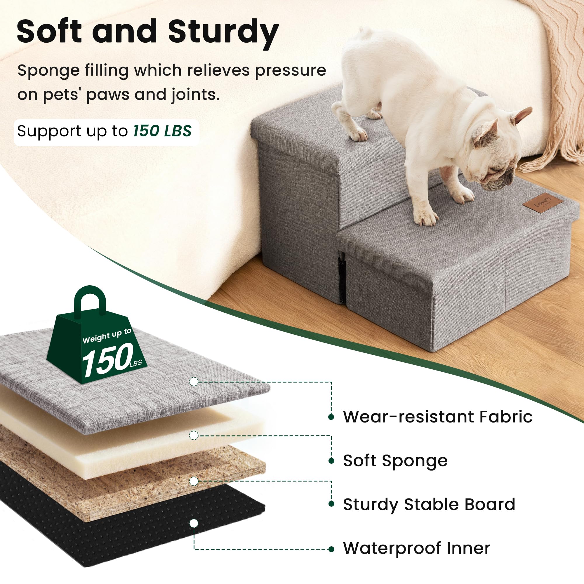 Loves cabin Dog Stairs with Storage 13 H,Foldable Pet Stairs for Small Medium or Large Dogs,Cat Puppy Steps Ramp with Zip up to