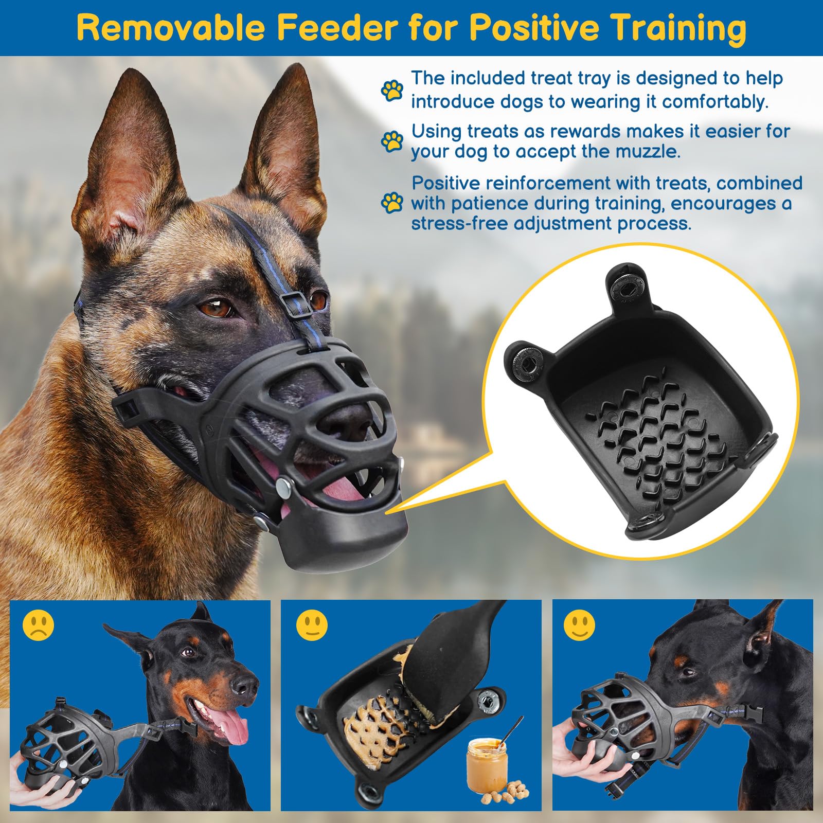 BARKLESS Basket Muzzle for Large Dogs, Humane Muzzle to Prevent Biting and Scavenging, Snap-on Treat Cover Helps Dogs Acclimatiz
