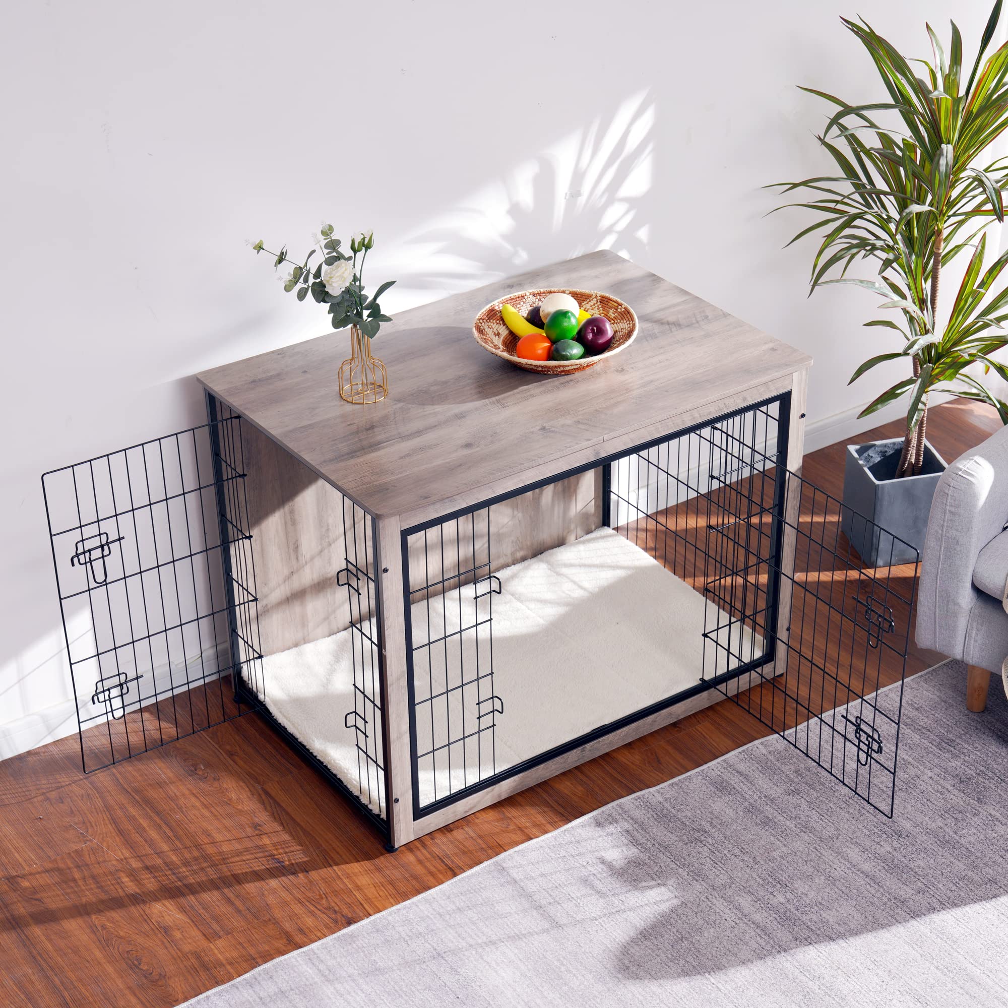Dwanton Dog Crate Furniture With Cushion, Xl Wooden Dog Crate With Double Doors, Large Dog Crate Furniture, Dog Kennel Indoor, Dog House, Extra Large, 43.3' L, Greige