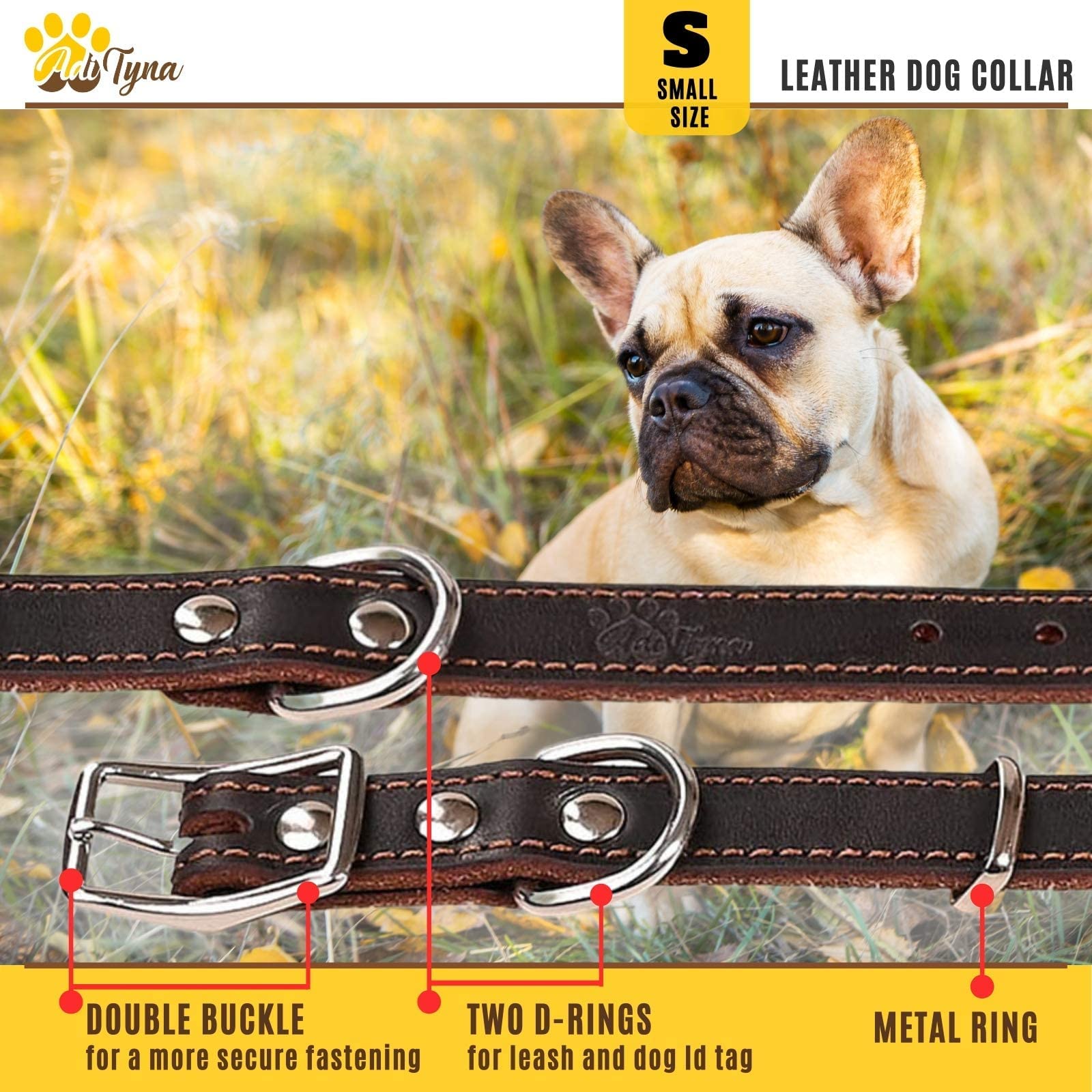 Adityna Heavy Duty Leather Dog Collar For Small Dogs - Small Dog Collar Gift Iddea For Dog Lovers - Soft And Strong Dog Collar For Puppies (Small, Brown)