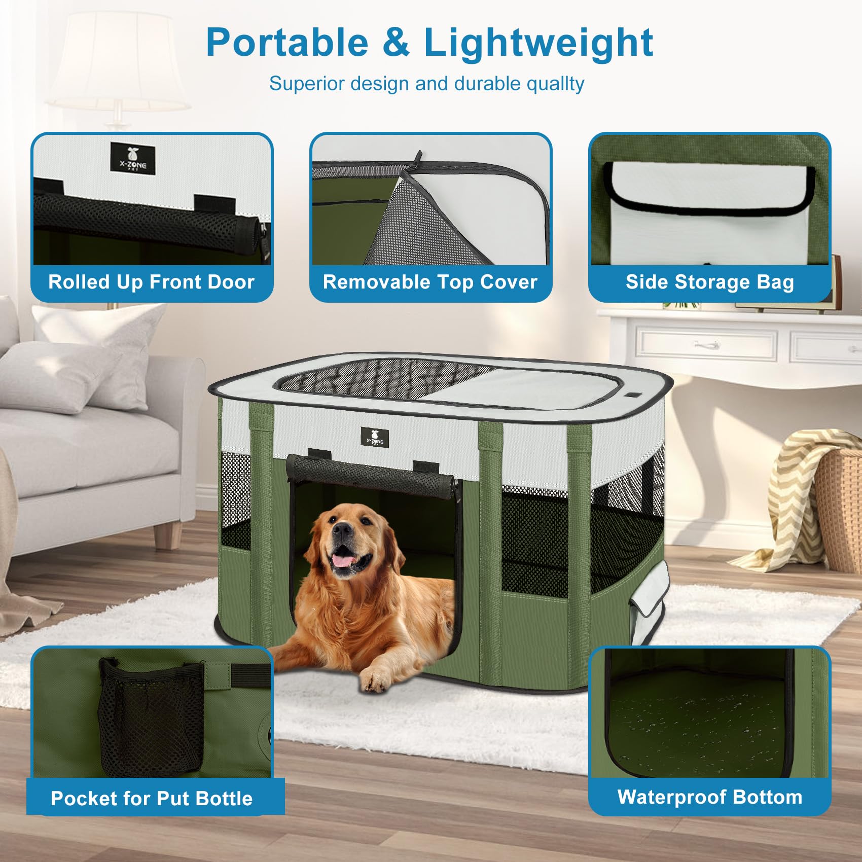 X-Zone Pet Dog Playpen, Puppy Cat Play Pen Portable Foldable Indoor/Outdoor Tent Crate Cage, Portable Pet Crate Large Size Green