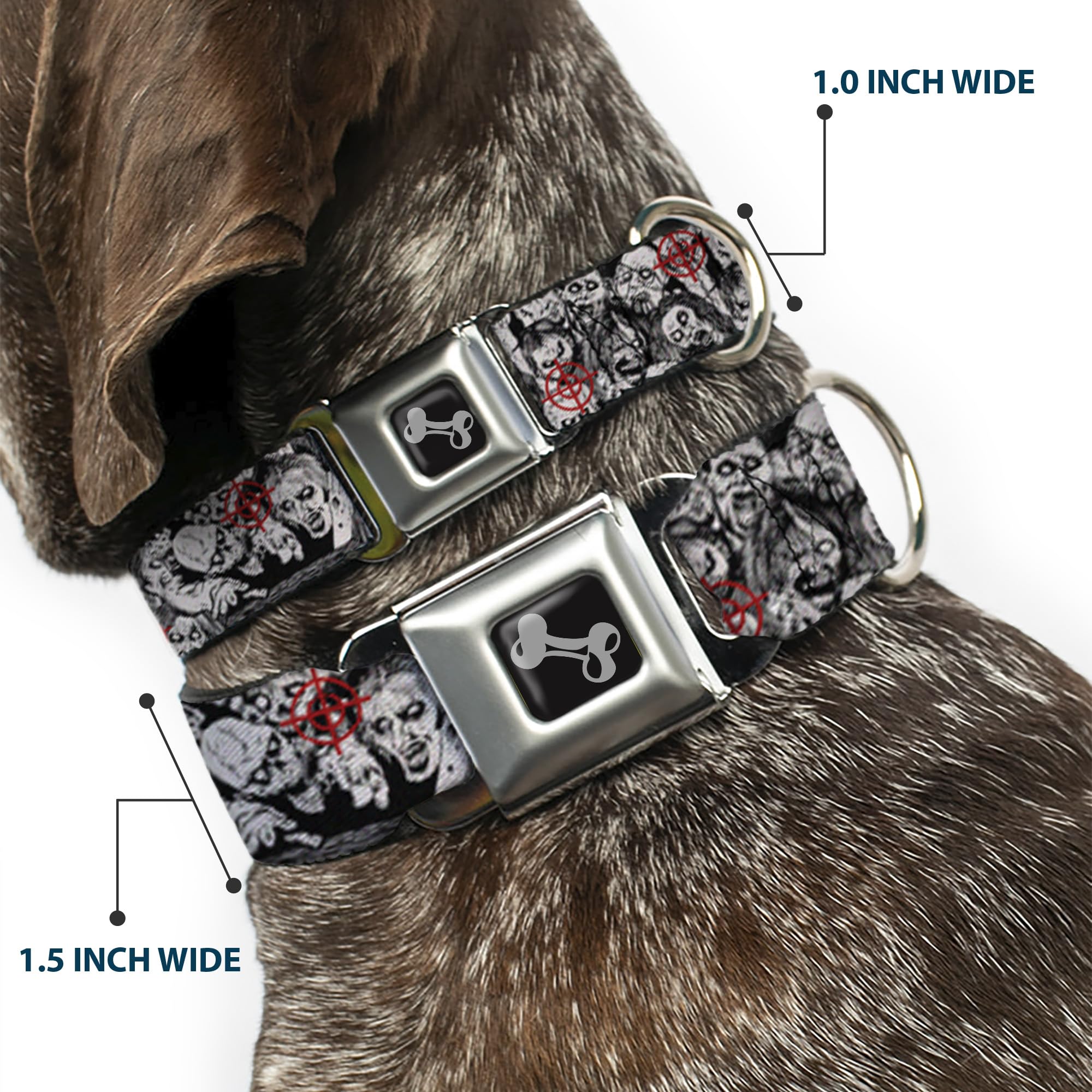 Buckle-Down Seatbelt Buckle Dog Collar - Zombie Killer W/Stacked Zombies Sketch - 1'' Wide - Fits 11-17'' Neck - Medium