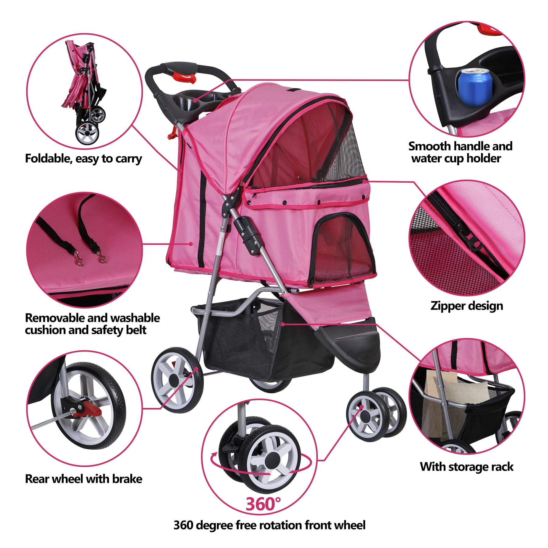 Foldable Pet Stroller For Cats And Dogs 3 Wheels Carrier Strolling Cart With Weather Cover, Storage Basket + Cup Holder (Pink)