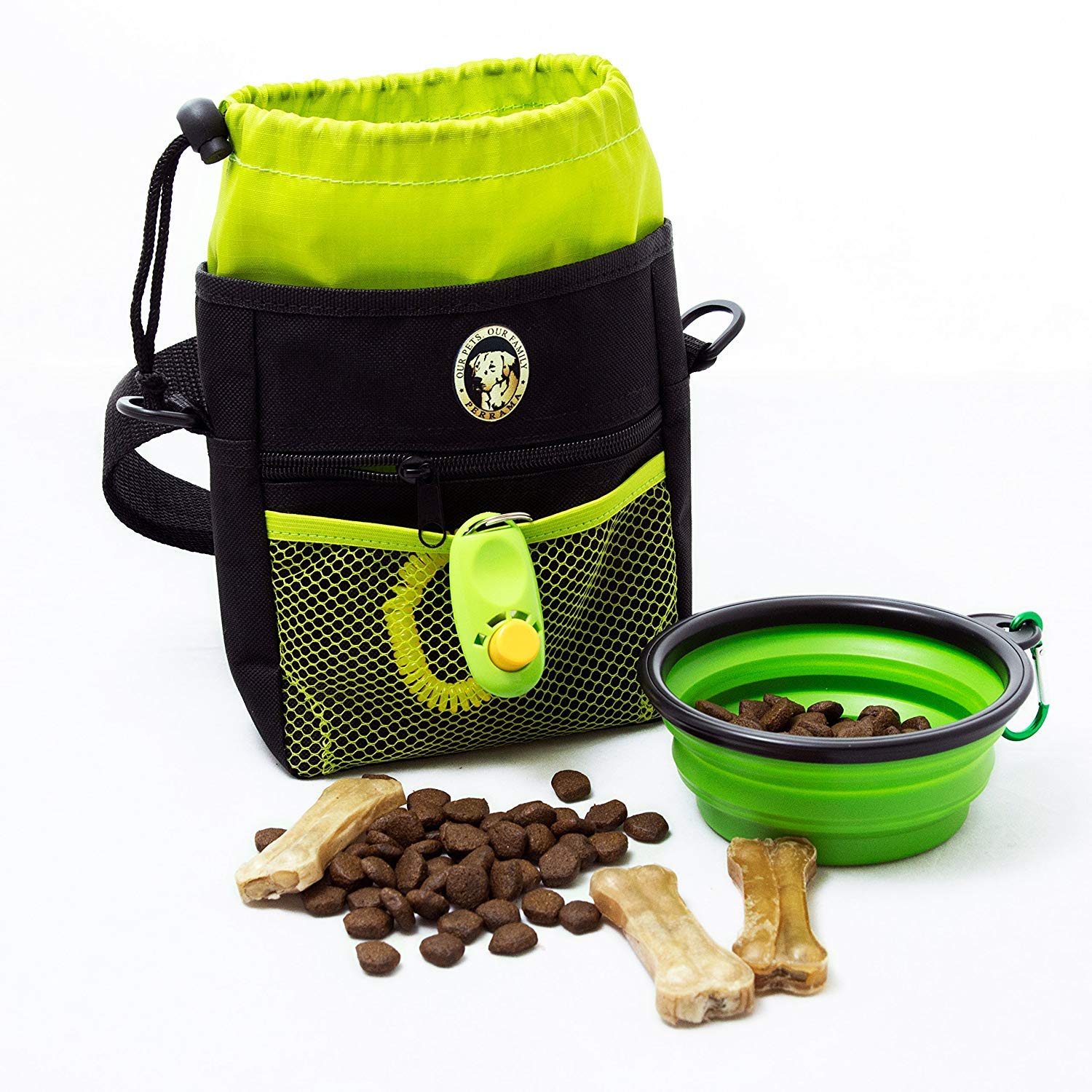 Dog Treat Pouch - Premium Training Treat Bag with Clicker and Collapsible Bowl for Dogs, Adjustable Waist and Shoulder Reflectiv