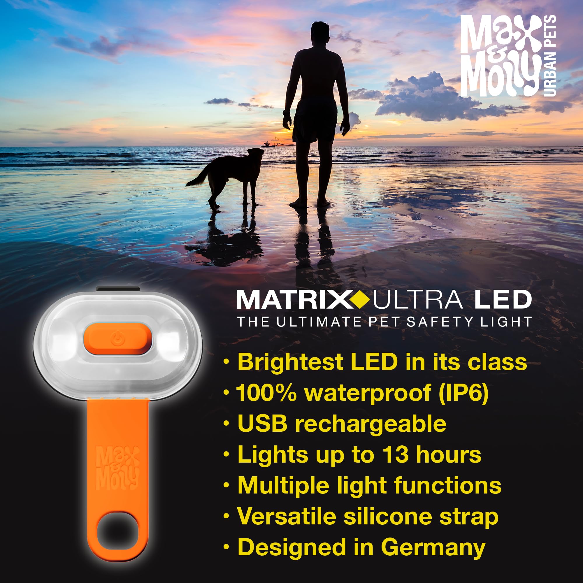 Max & Molly USB Rechargeable LED Dog Collar Light - Waterproof Safety Light for Night Walks, Hiking, Running, Biking