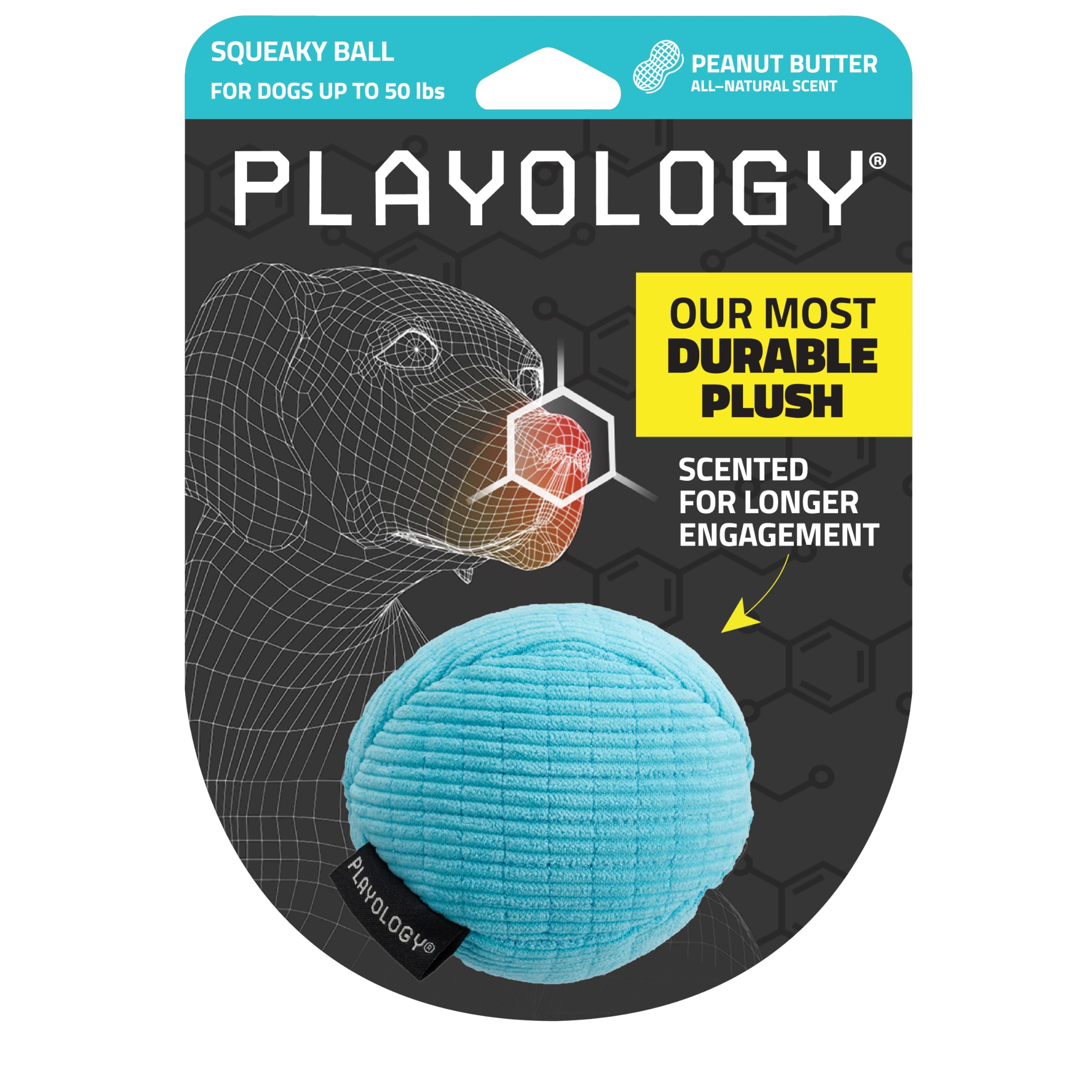 Playology Plush Squeaky Ball Dog Toy- Medium Dog Breeds (15-35 Lbs)- Engaging All-Natural Peanut Butter Scent