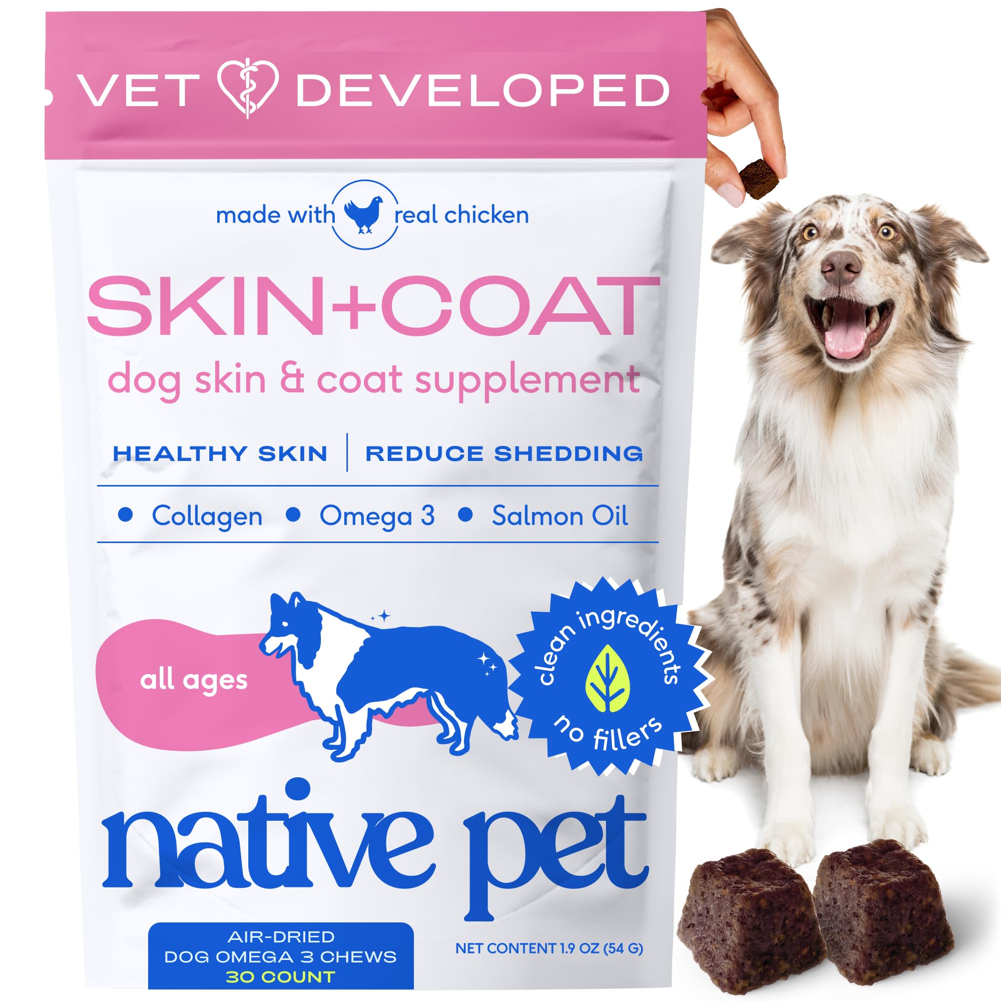 Native Pet Omega Skin and Coat Chews for Dogs - Dog Skin and Coat Supplement for Healthy, Shiny Fur, Reduce Shedding and Dry Spo