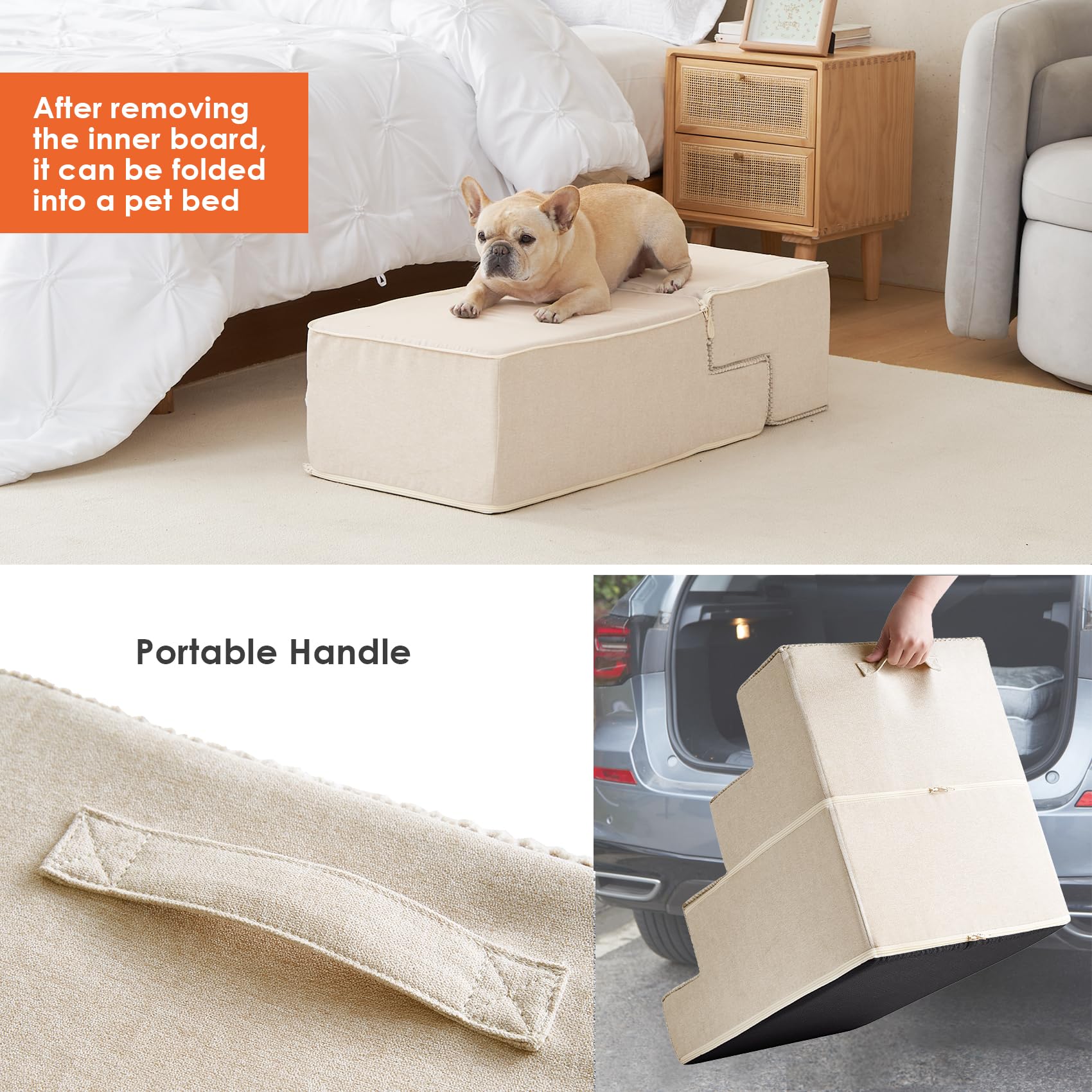 Eheyciga Dog Stairs For Bed 20”H, 4-Step Extra Wide Dog Steps For High Bed, Pet Steps For Small Dogs And Cats, Non-Slip Balanced Dog Indoor Ramp, Beige