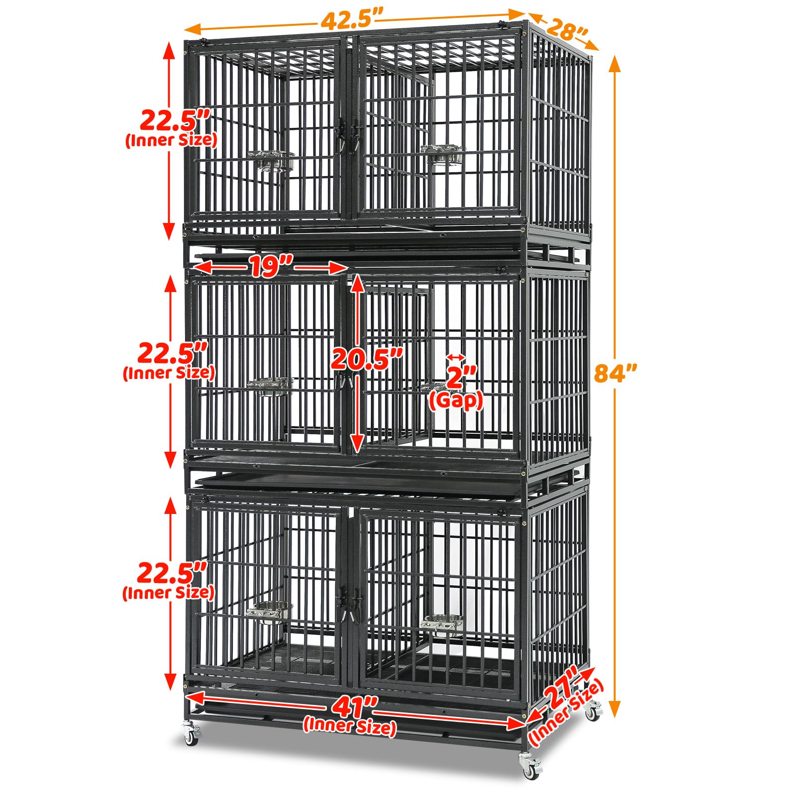 Homey Pet Heavy Duty Dog Crate, 43" Stackable Steel Kennel with Wheels, Black, Model DG-43T-9