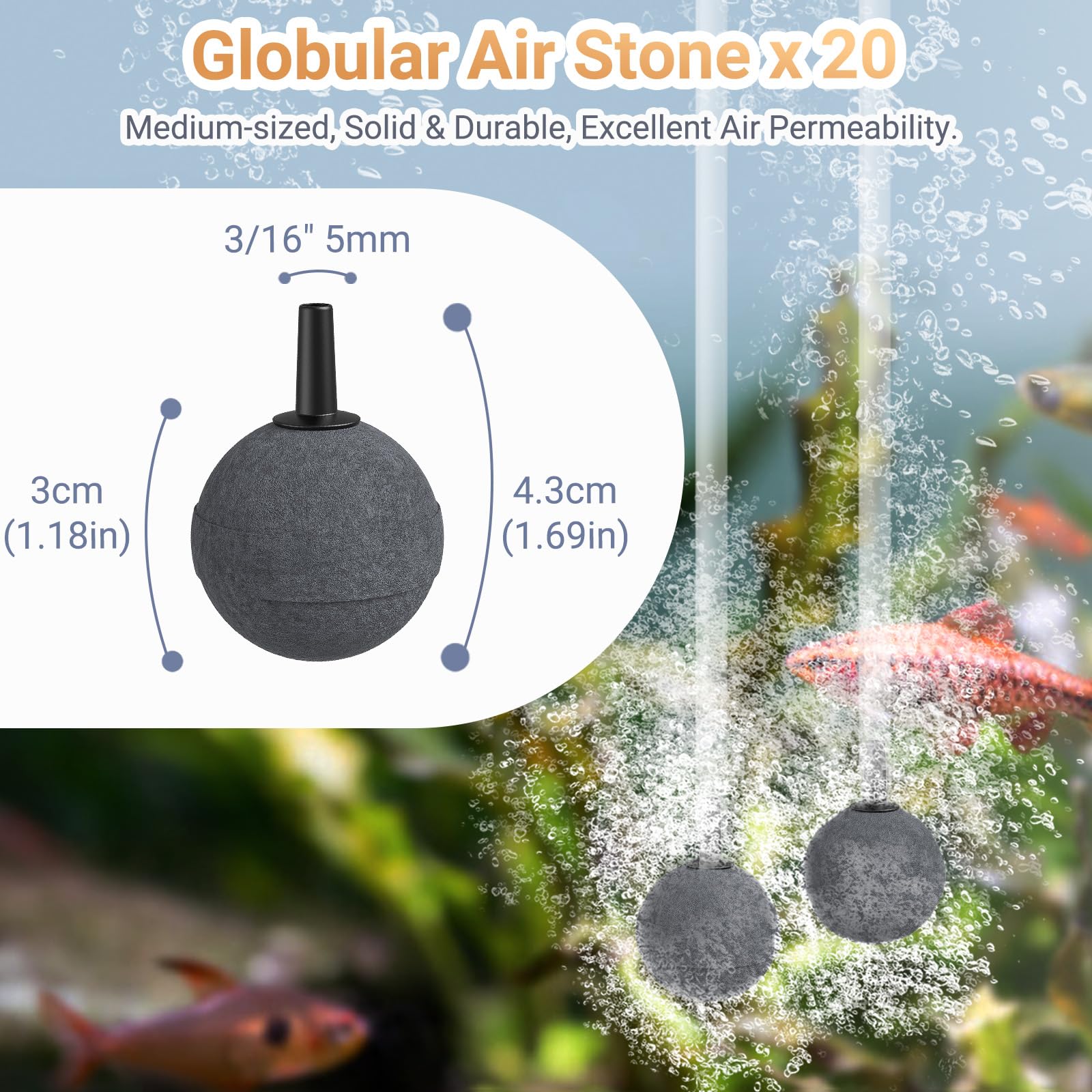 Moonorange 20 Pack 1.18 Inch Aquarium Air Stones, Long Lasting Aerator Oxygen Diffuser Aquarium Bubble Stone, Air Pump Accessori