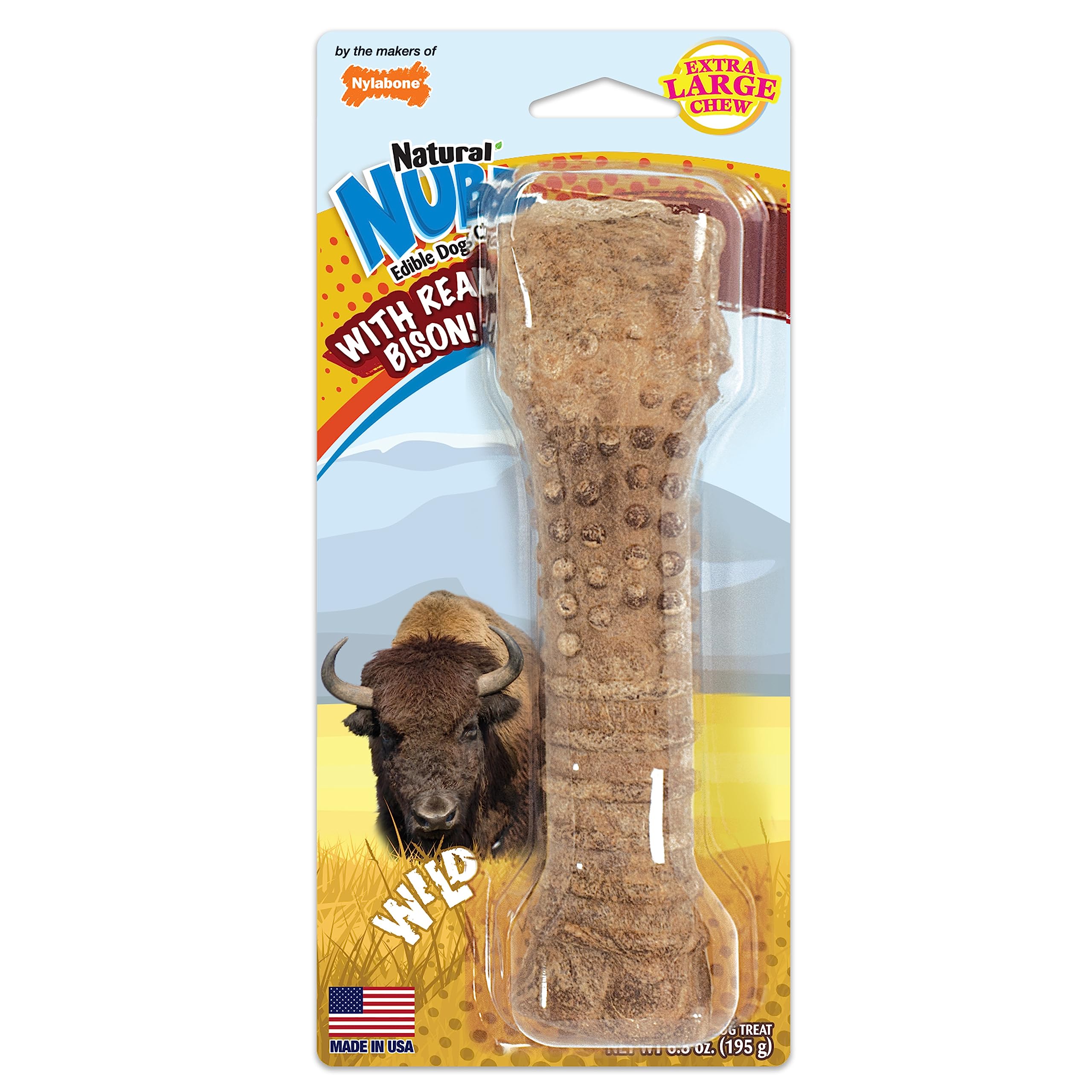 Nylabone Nubz Wild Natural Edible Chew Treats for Dogs, Made in USA, Bison Flavor, X-Large - 50+ lbs. (1 Count)