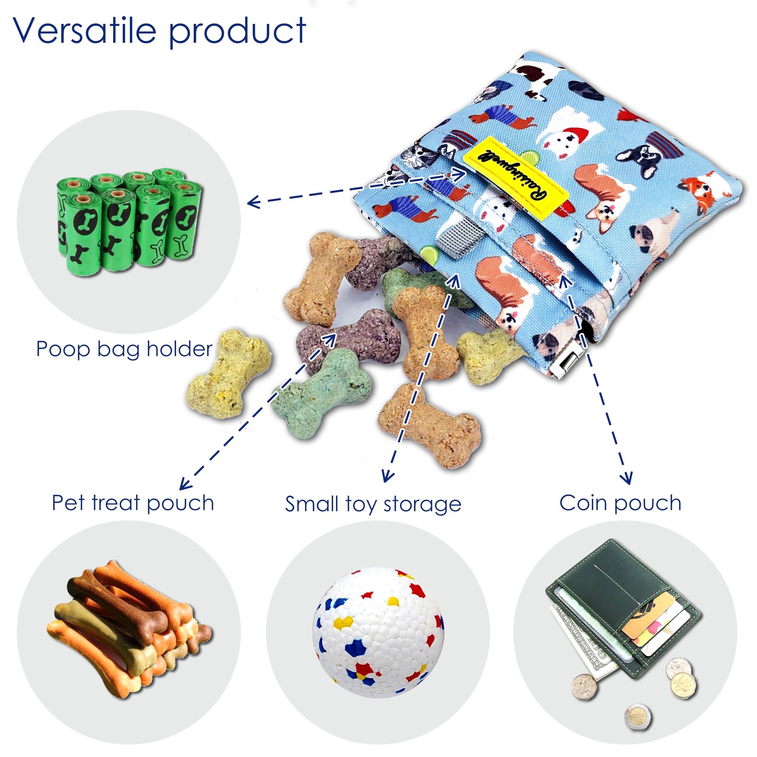 Dog Treat Pouch,Cotton Pocket Sized Training Holder, Hand Free Walking Funny Bag with Carabiner, Self-Closing Pet Feed Snack Rew