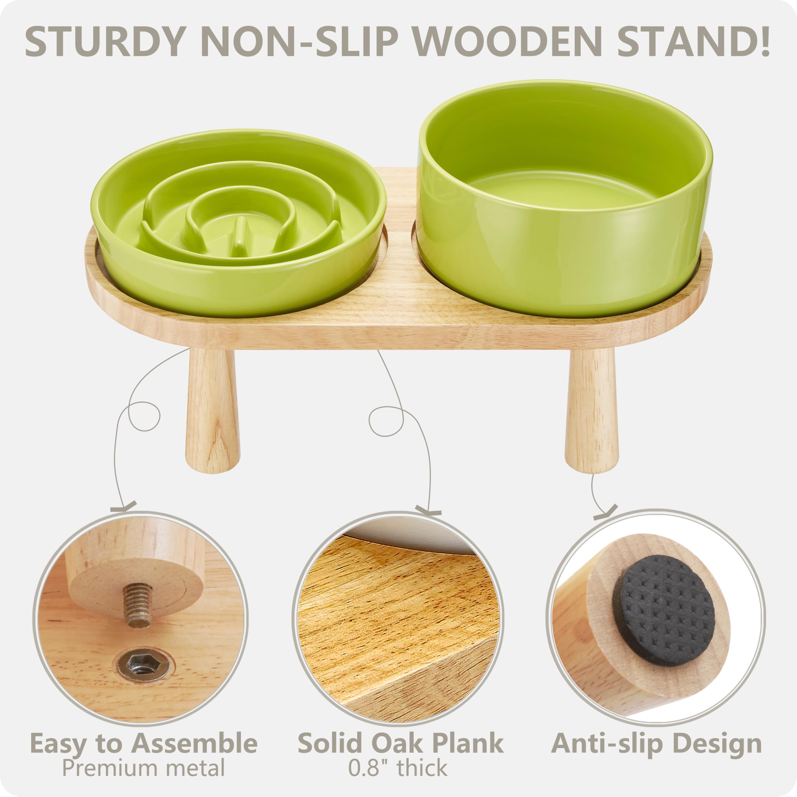 MOPANG Ceramic Slow Feeder and Water Bowl Set for Medium/Large Dogs, 30oz & 70oz, Elevated Wooden Stand, Green