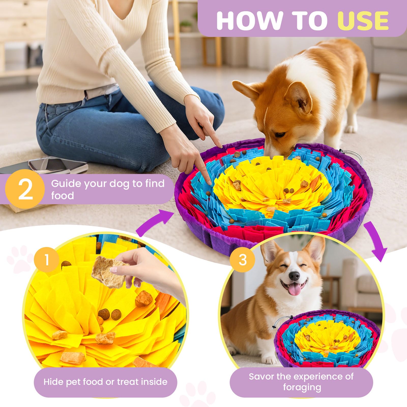 UETZLTB Snuffle Mat for Dogs 19x19, Adjustable Dog Slow Feeder Bowl, Interactive Dog Enrichment Puzzle Toys, Foraging Sniff Trea