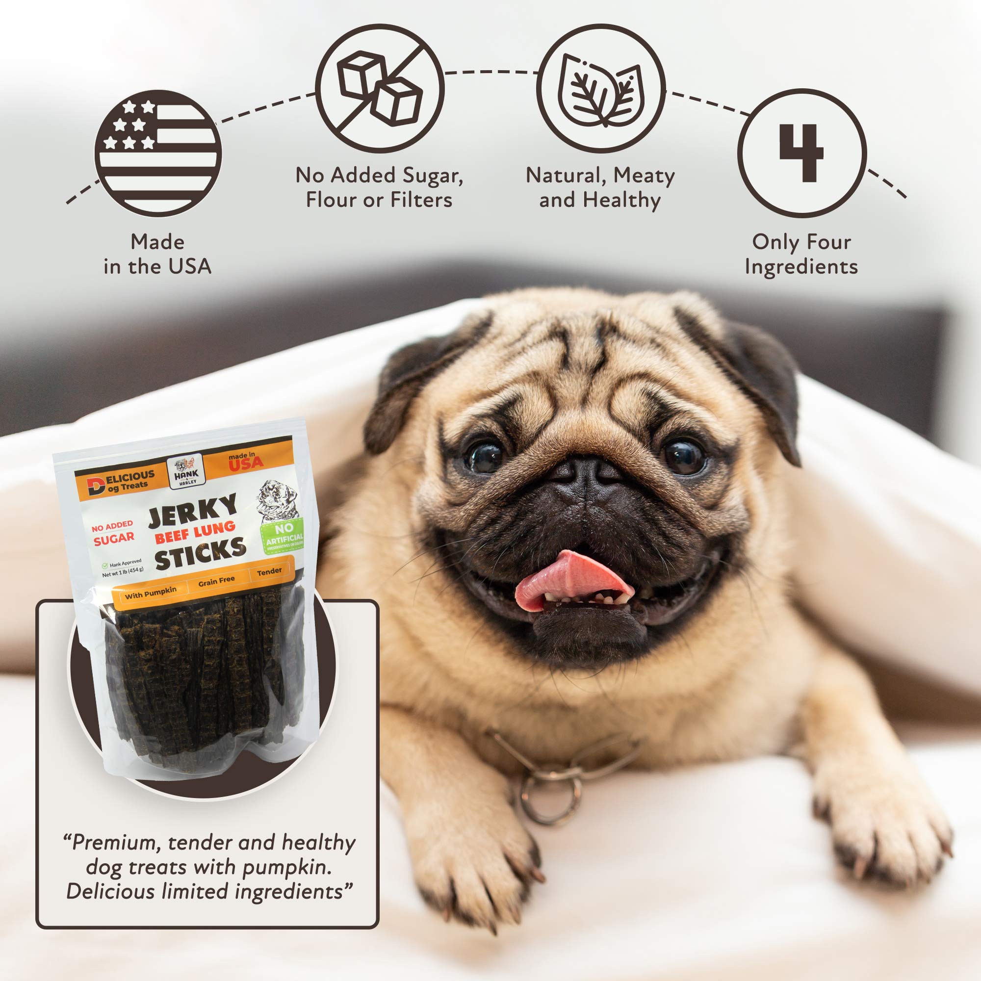 Hank & Harley Jerky Sticks Beef Lung 1 lb - USA Lean Protein Soft Dog Treats with Pumpkin. 100% Natural, NO Added Sugar, Flour o