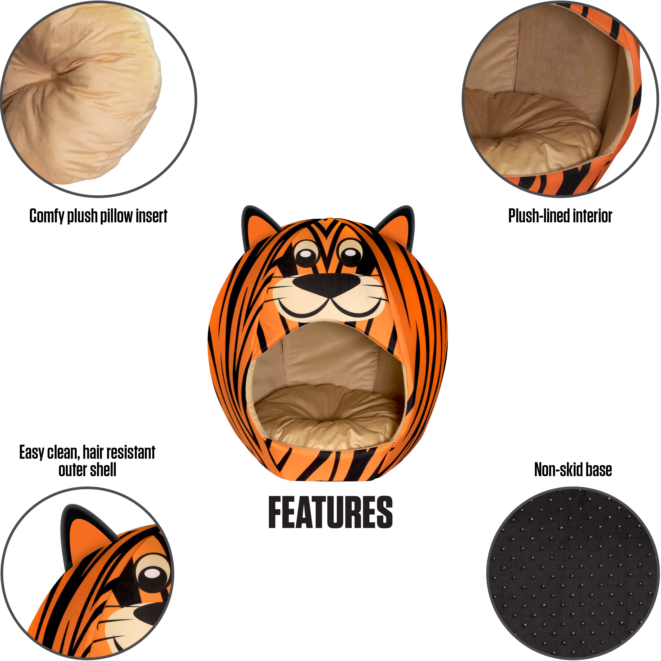 Maccabi Art Tiger Theme Dog Bed - Cute Igloo Style Pet Bet - Fits Medium Dogs, Puppies, Cats - Pillow Insert With Plush Lined In