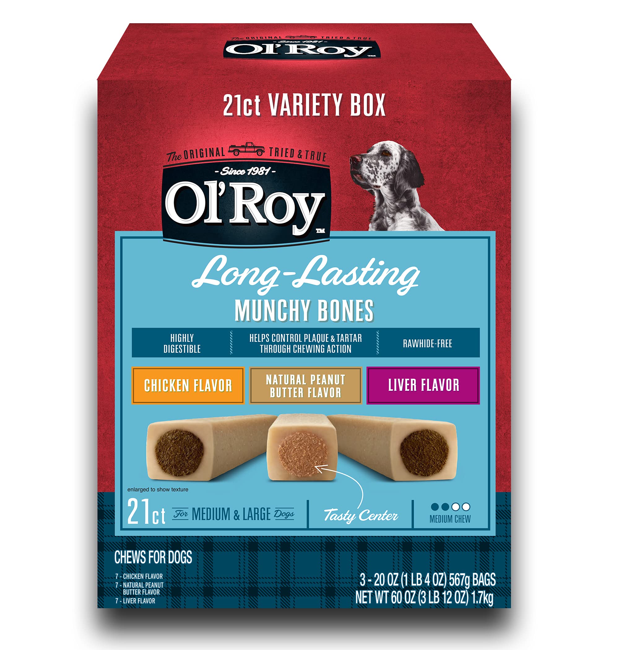 Ol Roy Munchy Bones Dog Treats Variety Box, Chicken, Peanut Butter, Liver, 21 ct