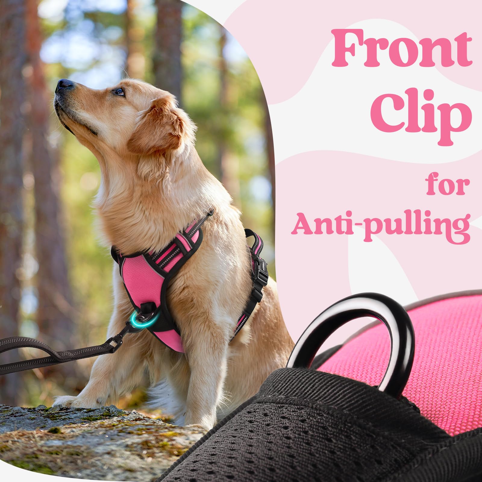 Rabbitgoo Dog Harness Medium Sized, No Pull Pet Harness With 3 Buckles, Adjustable Soft Padded Pooch Vest With Instant Control Handle, Easy Walking Reflective Pet Vest For Medium Dogs, Rose Pink, M