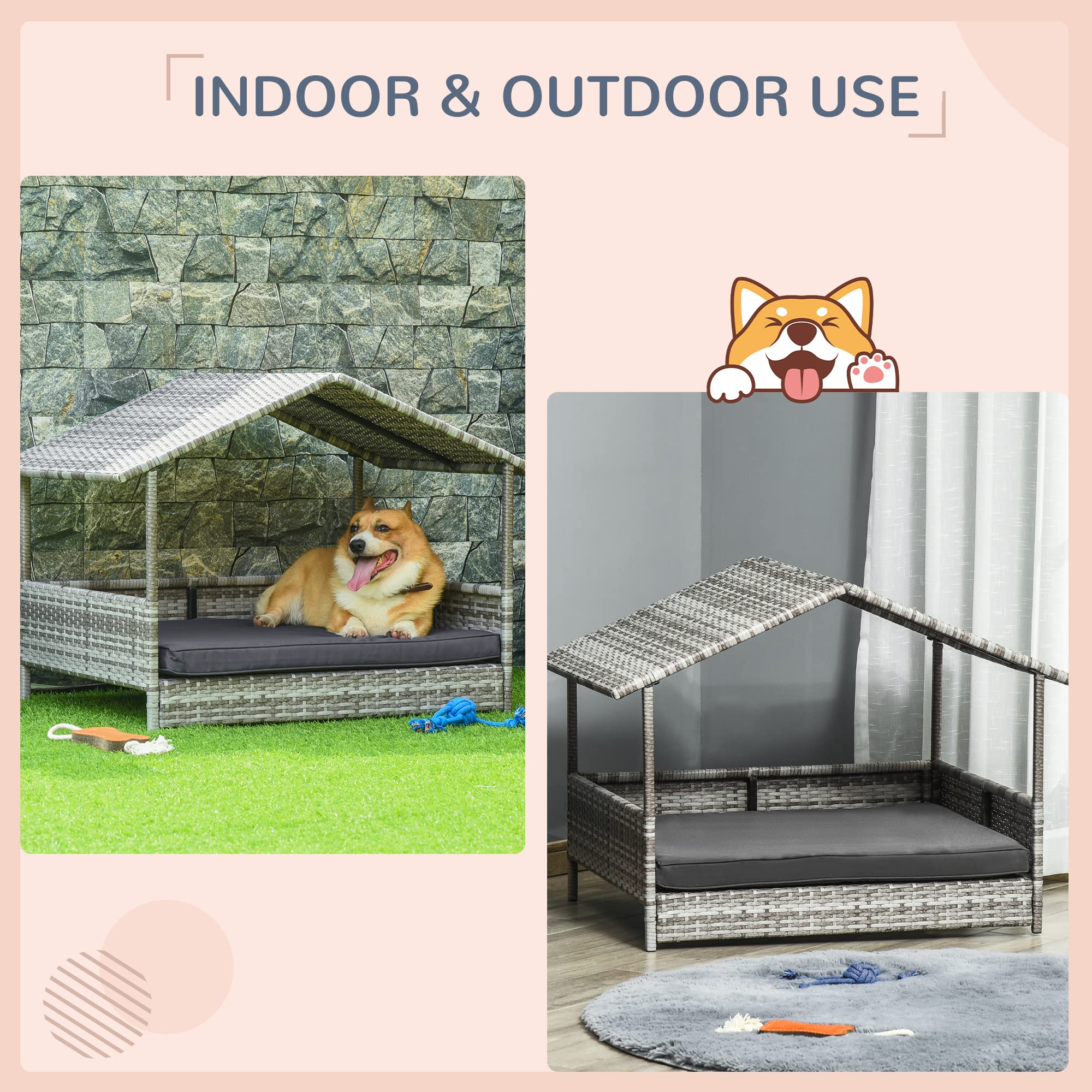 PawHut Wicker Dog House Elevated Raised Rattan Bed for Indoor/Outdoor with Removable Cushion Lounge, Charcoal Grey