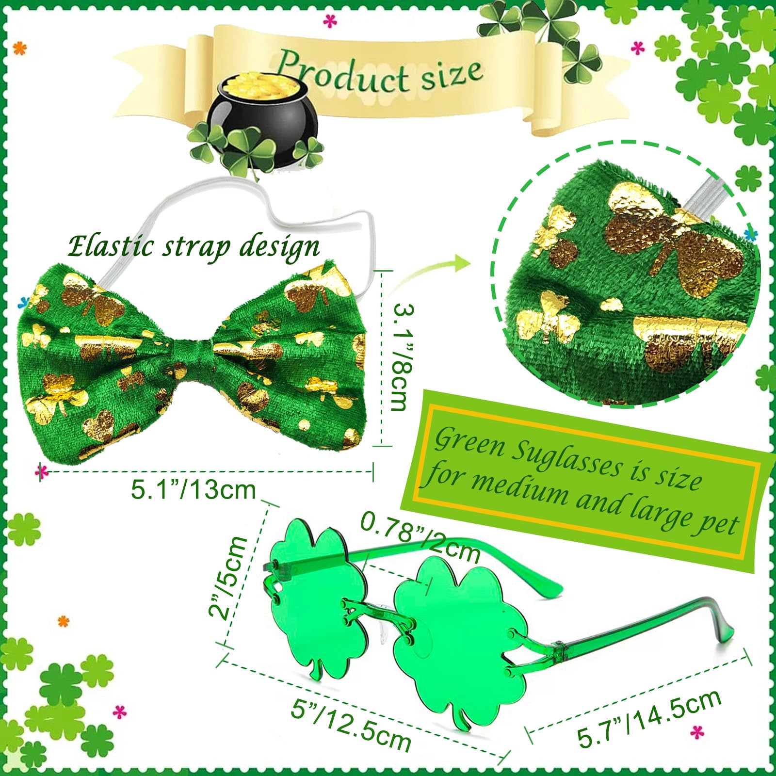 St Patrick'S Day Dog Costume 3 Pcs Irish Leprechaun Green Tall Hat Pet Shamrock Sunglasses Bow Tie Kit For Medium Large Dogs Sai
